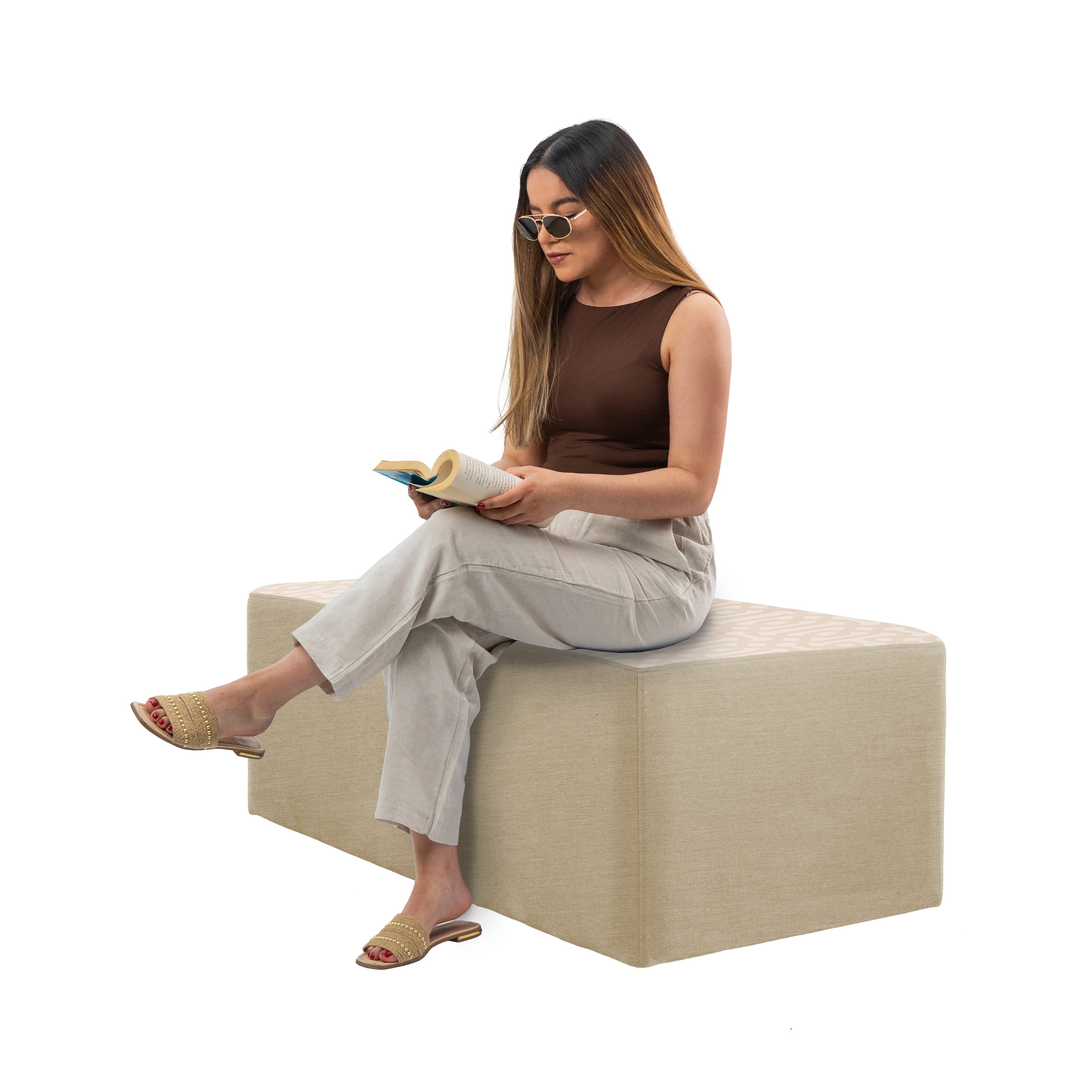 Outdoor 24" x 48" Rectangle Ottoman with Sunbrella, 18" H - Fretwork Flax/Spectrum Sand