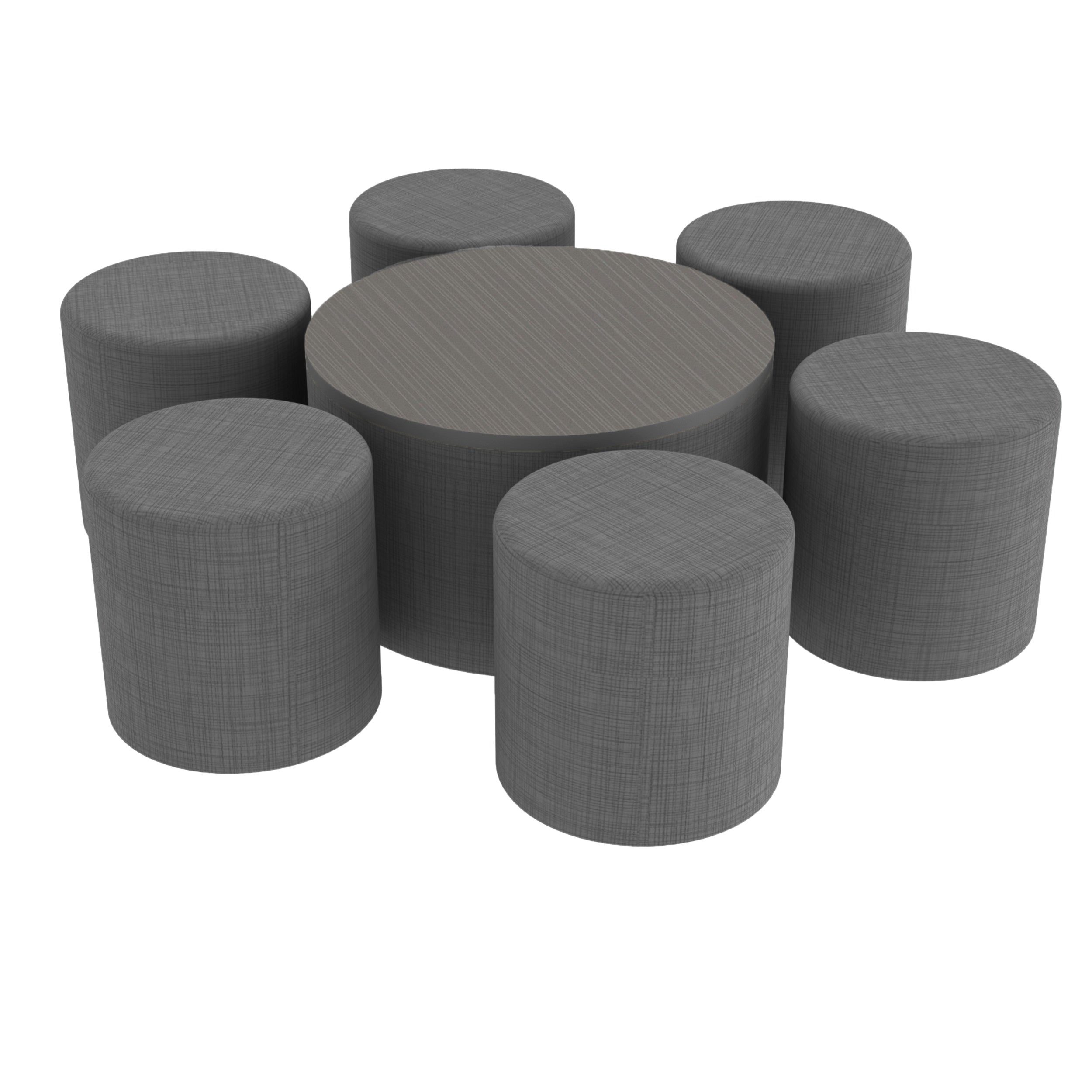Pro Series 30" Round Ottoman Table with Round 18" H Seating, 7-Piece Set - Slate Gray Crosshatch/Cosmic Strandz