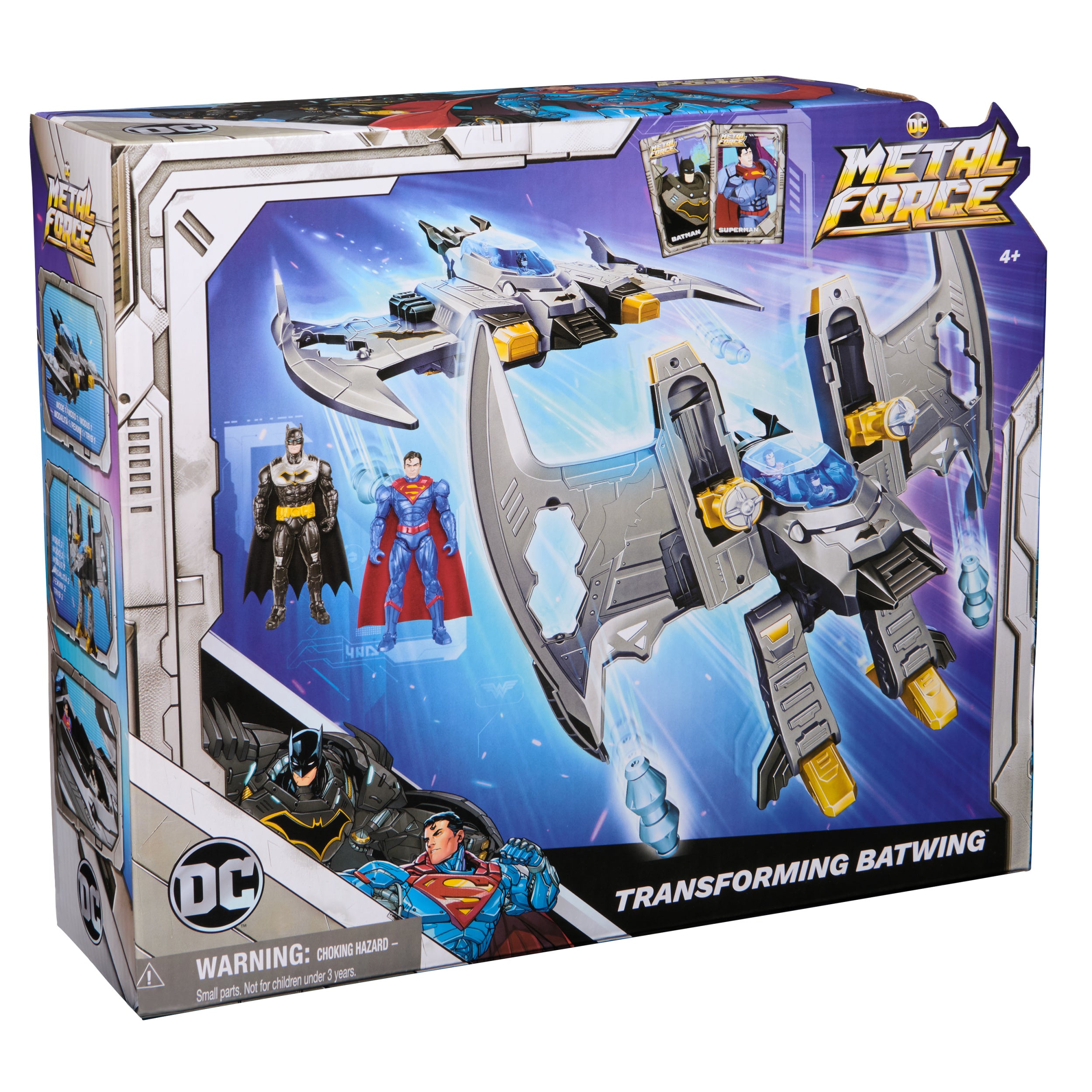 DC Comics, Metal Force Transforming Batwing, 2-in-1 Playset, Includes Batman and Superman Figures, with Projectiles and Character Cards, Kids Toy for Boys Ages 4 and Up