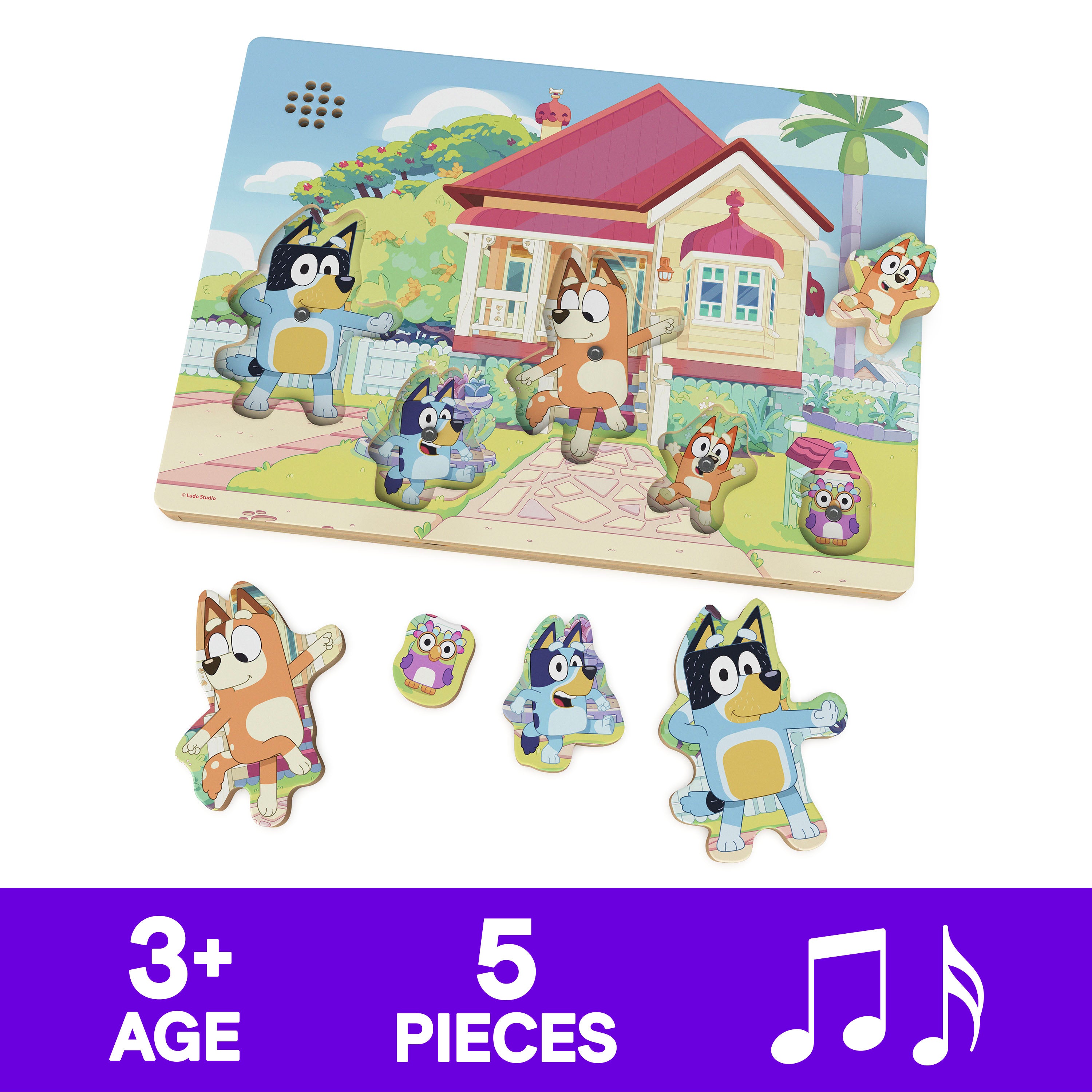 Spin Master Games, Bluey Sound Puzzle, 5-Piece Wood Puzzle for Toddlers & Kids, Featuring Bluey & Family with Sounds from the Show, Wooden Toddler Learning Toy, for Ages 3 & Up
