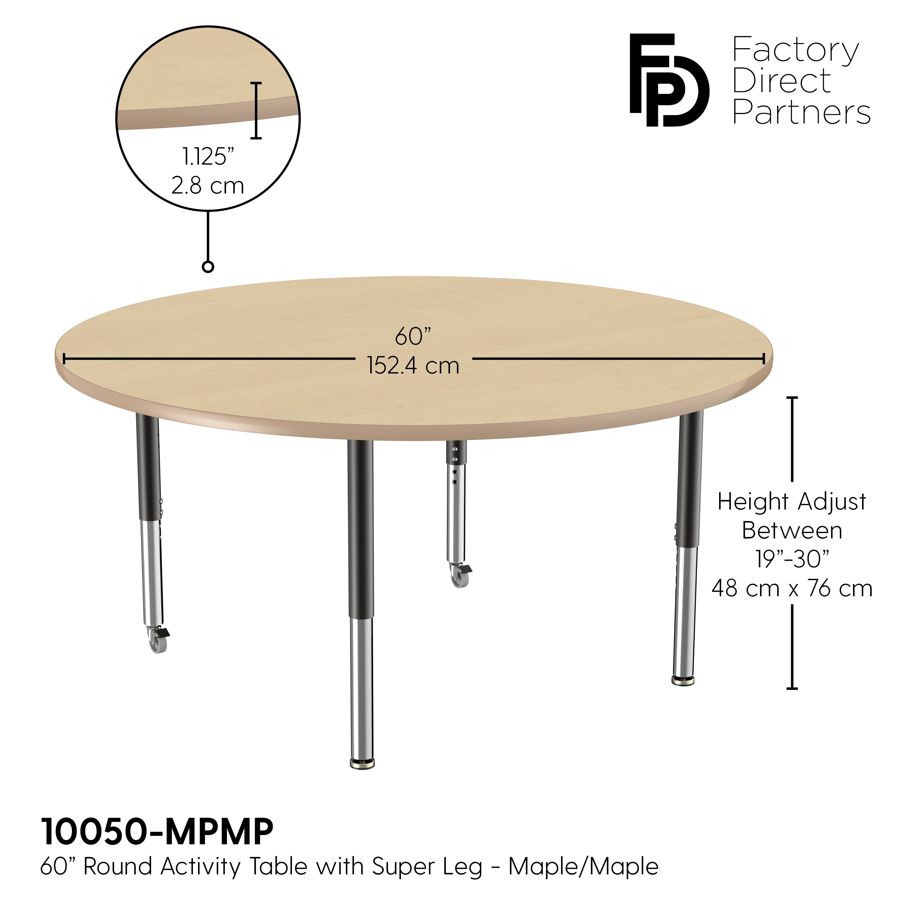 60" Round T-Molding Activity Table with Adjustable Super Legs - Maple/Maple/Black