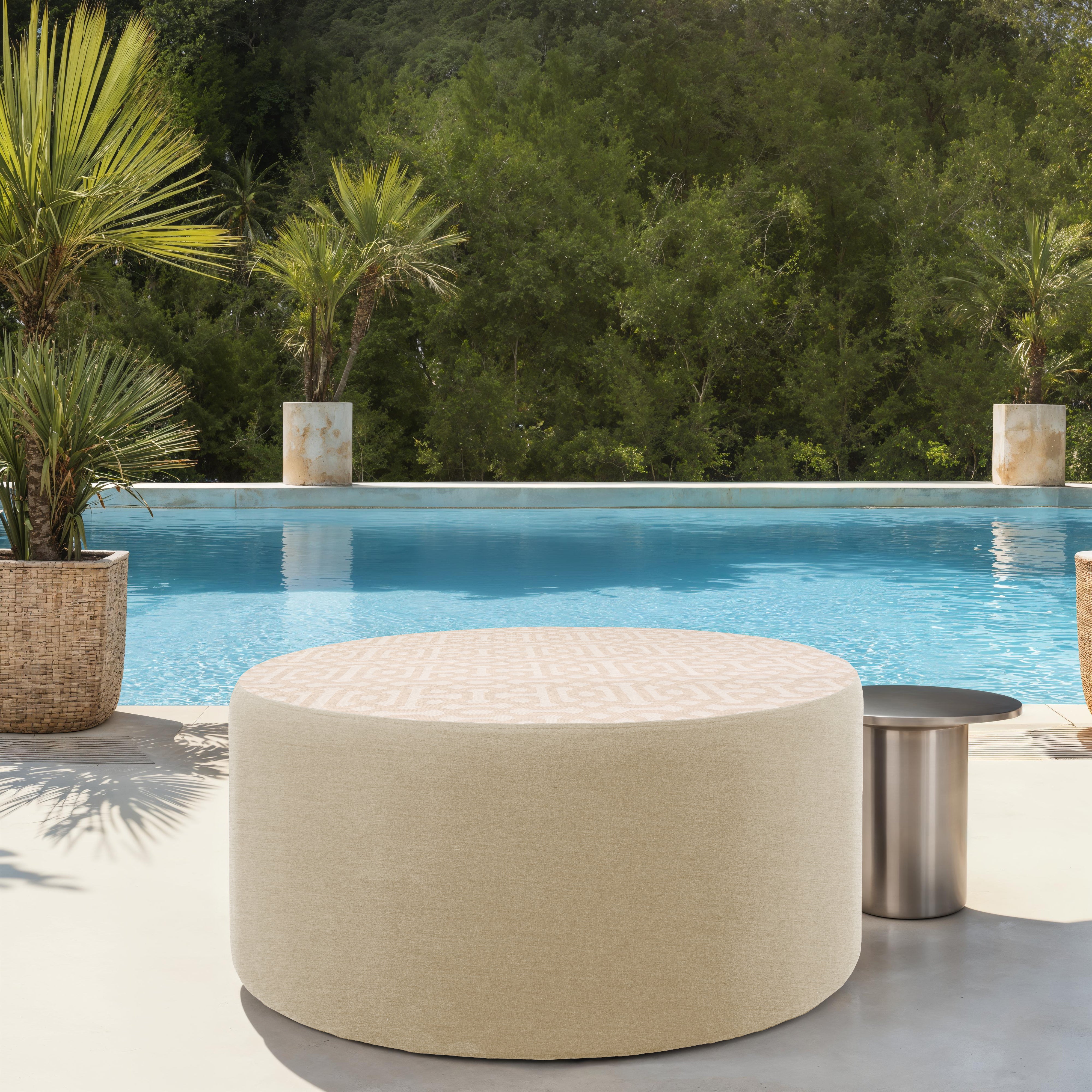Outdoor 36" Round Ottoman with Sunbrella, 18" H - Fretwork Flax/Spectrum Sand