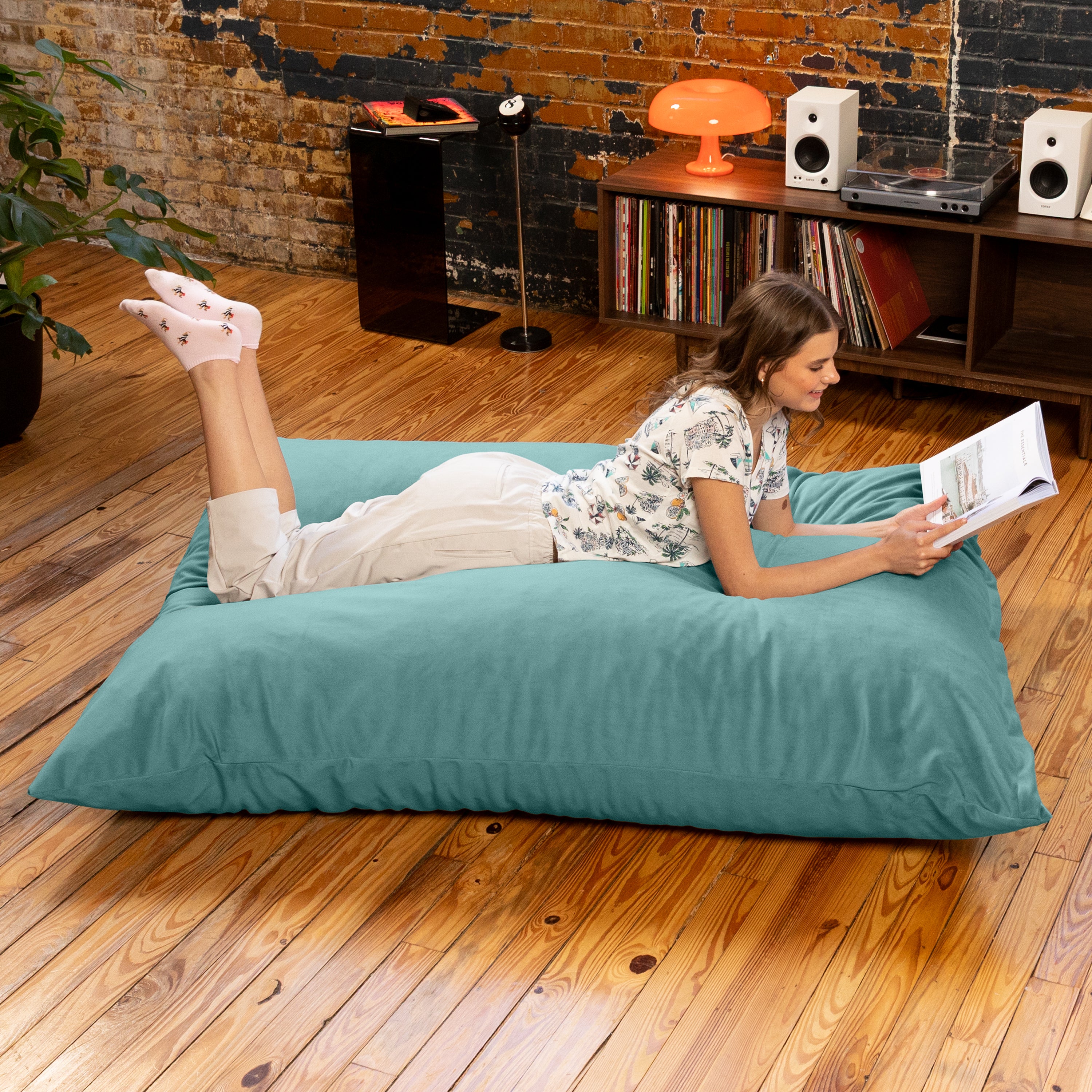 Pillow Saxx Dream Lounger with Wood Frame - 3-in-1 Bean Bag Accent Chair, Recliner & Sleeper, Lush Velvet Turquoise