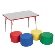 30" x 48" Rectangle T-Molding Activity Table with Standard Swivel Legs and Round Ottomans 12" Height, 5-Piece Set - Gray/Red/Assorted