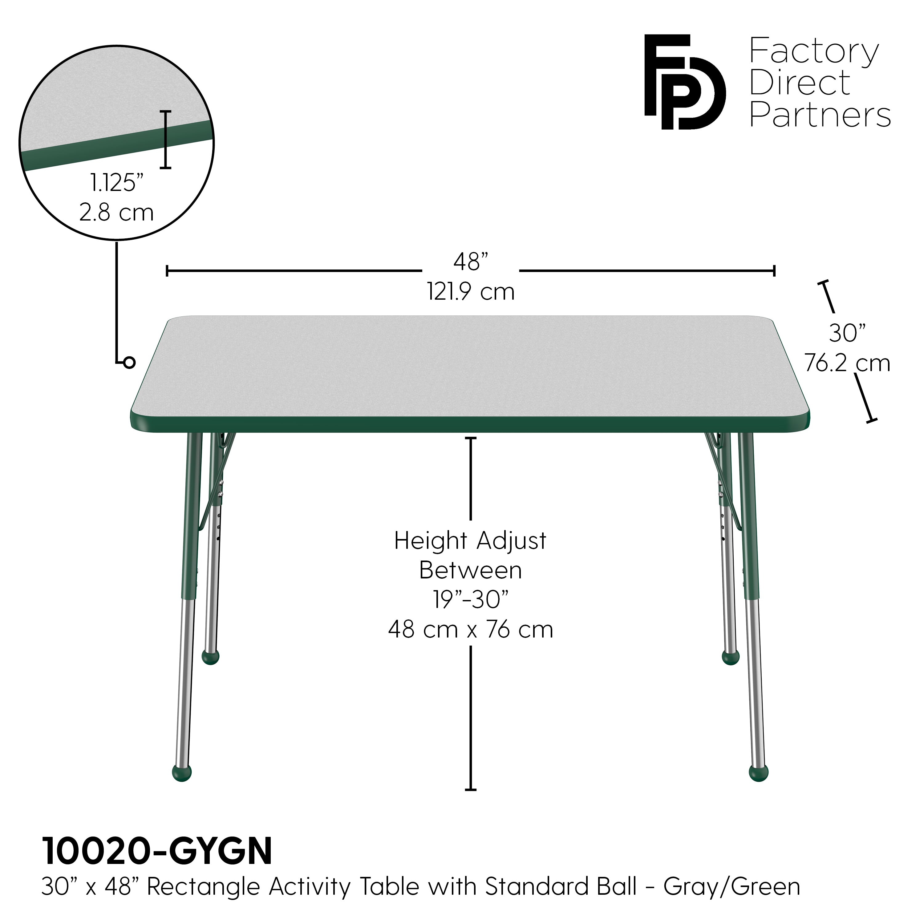 30" x 48" Rectangle T-Molding Activity Table with Adjustable Standard Ball Glide Legs - Gray/Green