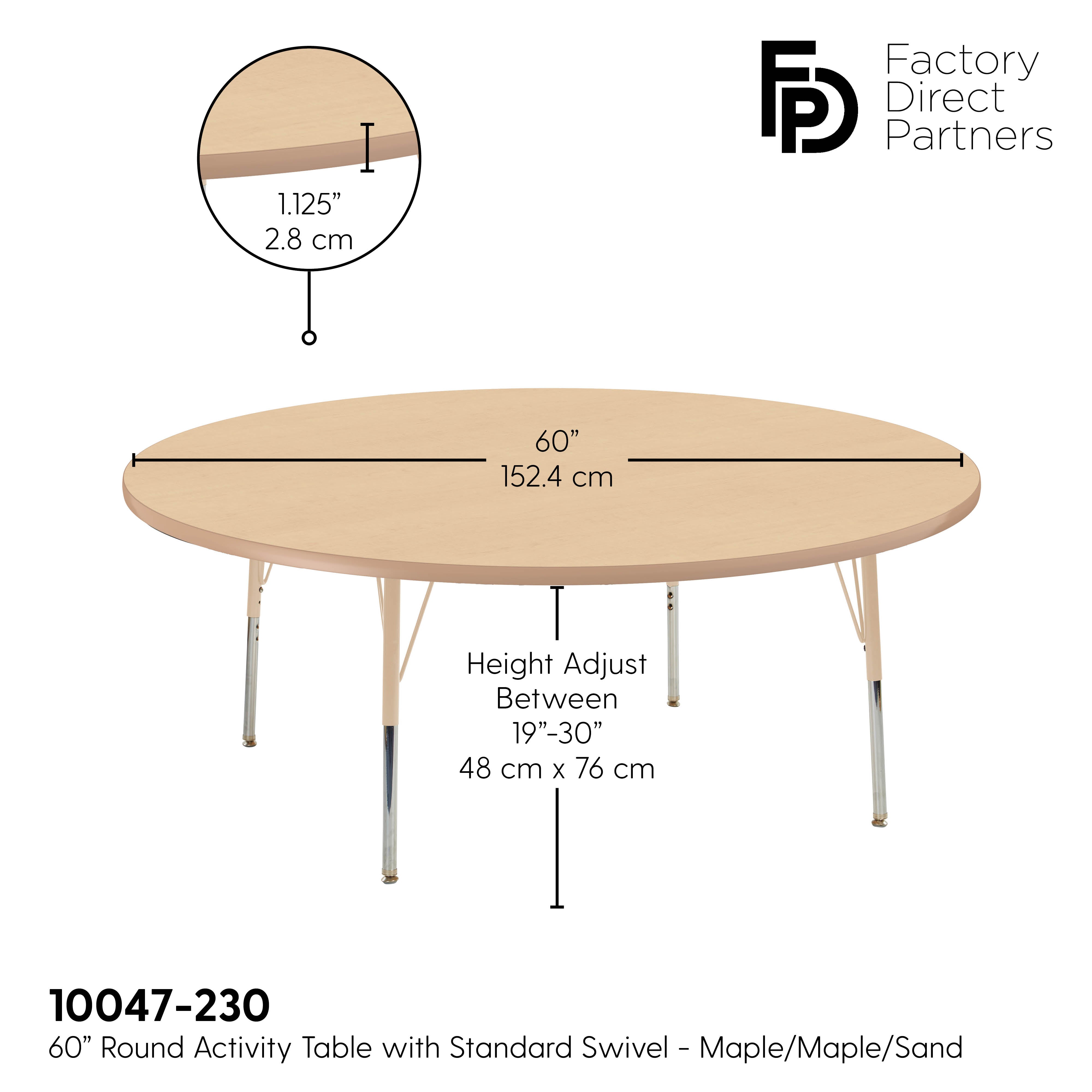 60" Round T-Molding Activity Table with Adjustable Standard Swivel Glide Legs - Maple/Sand