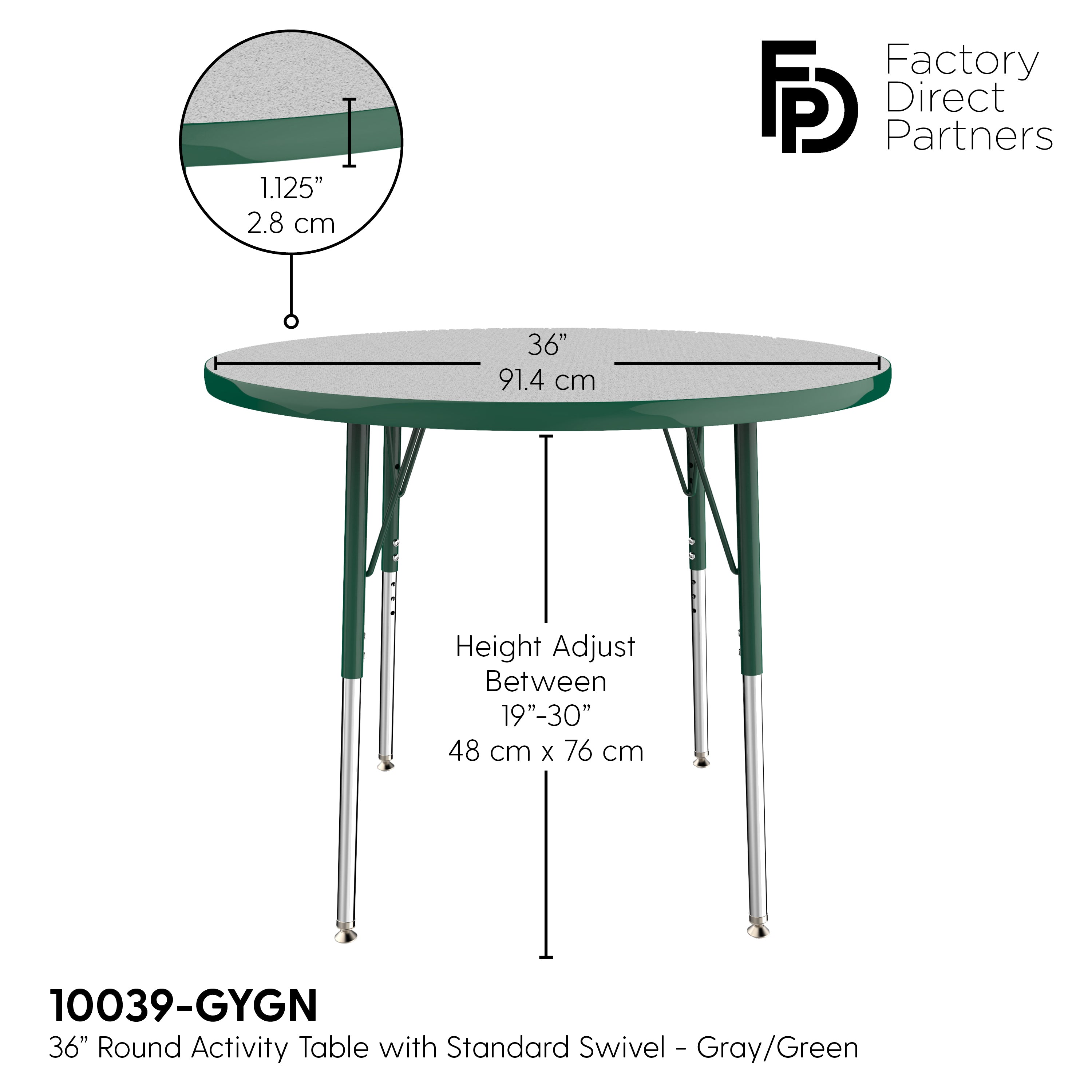 36" Round T-Molding Activity Table with Adjustable Standard Swivel Glide Legs - Gray/Green