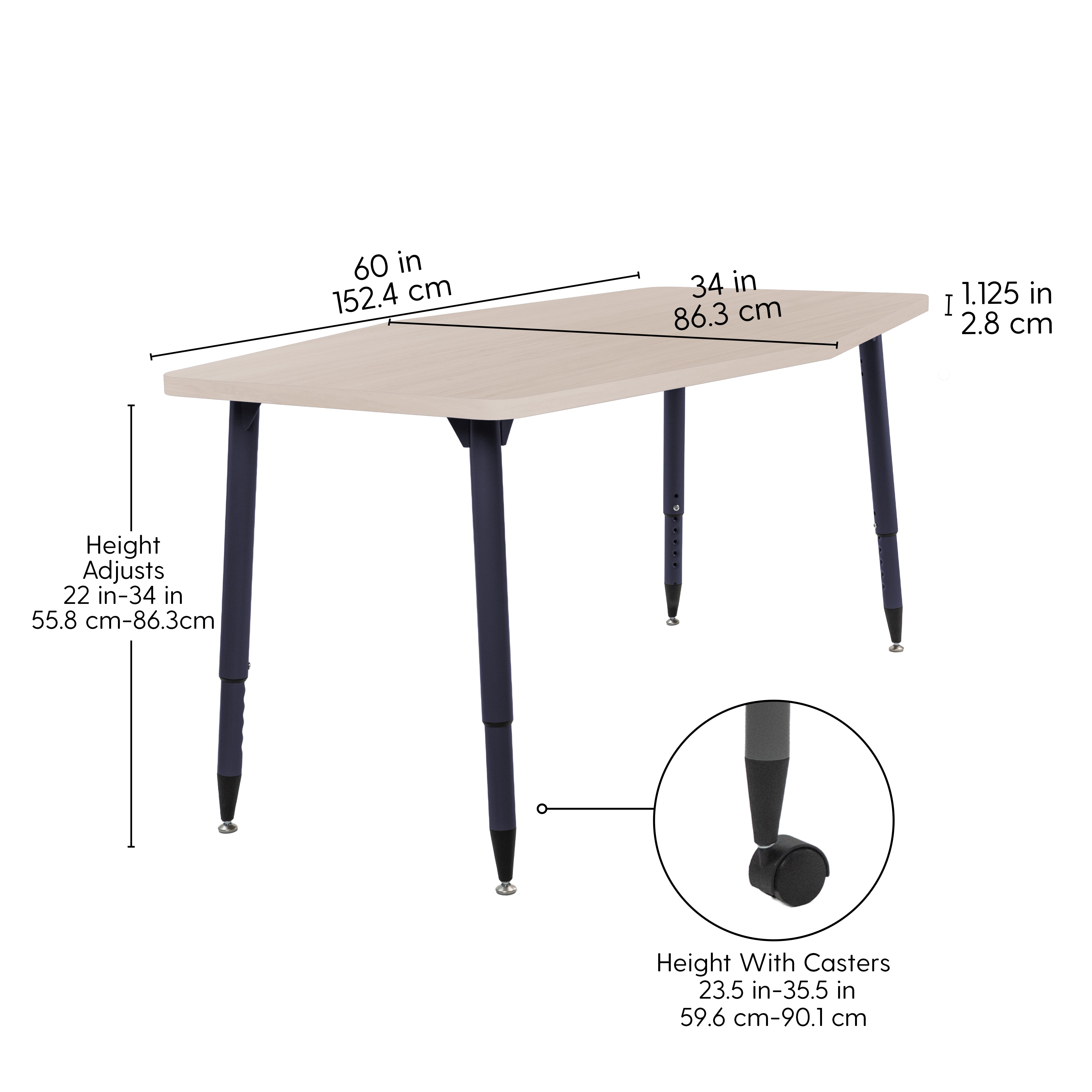 Adapte 34" x 60" Long Hexagon Woodgrain Activity Table with Adjustable Tapered Legs - Asian Sand/Black