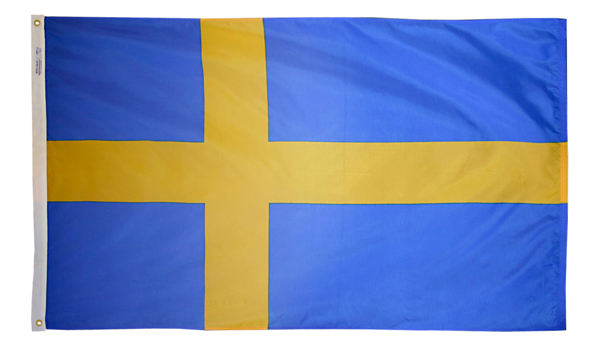 Sweden Flag 5x8 ft. Nylon SolarGuard Nyl-Glo 100% Made in USA to Official United Nations Design Specifications.