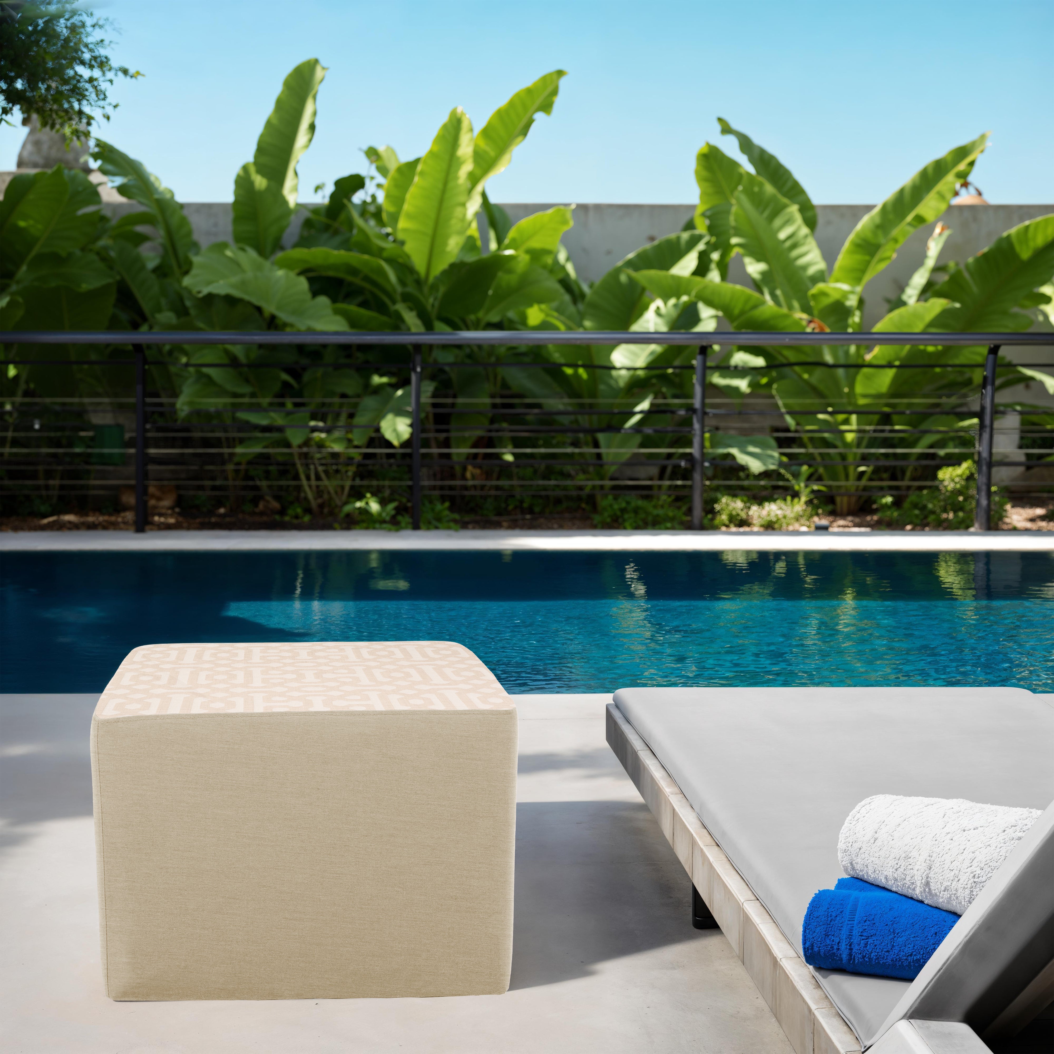 Outdoor 24" Square Ottoman with Sunbrella, 18" H - Fretwork Flax/Spectrum Sand