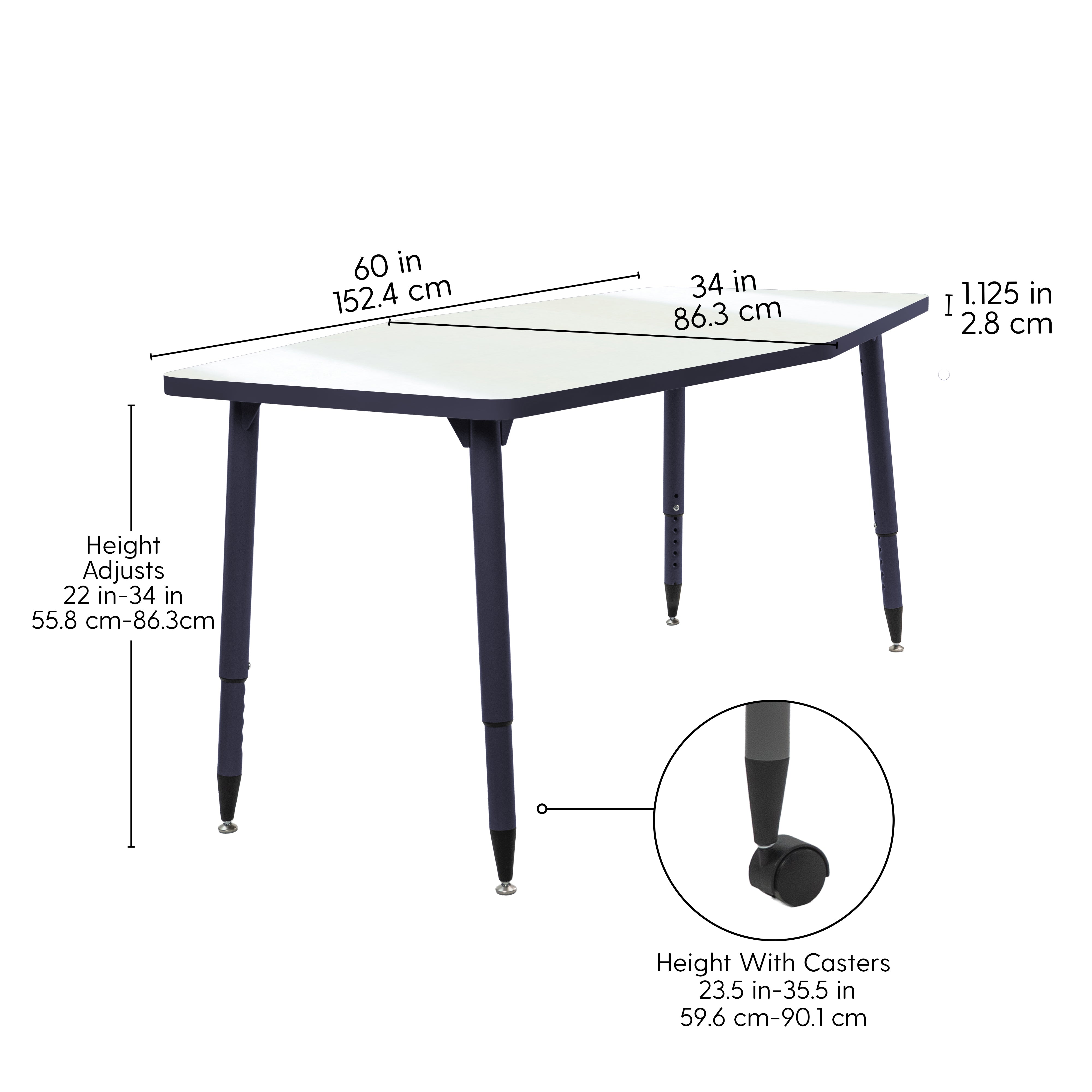 Adapte 34" x 60" Long Hexagon Dry-Erase Activity Table with Adjustable Tapered Legs - Whiteboard/Navy