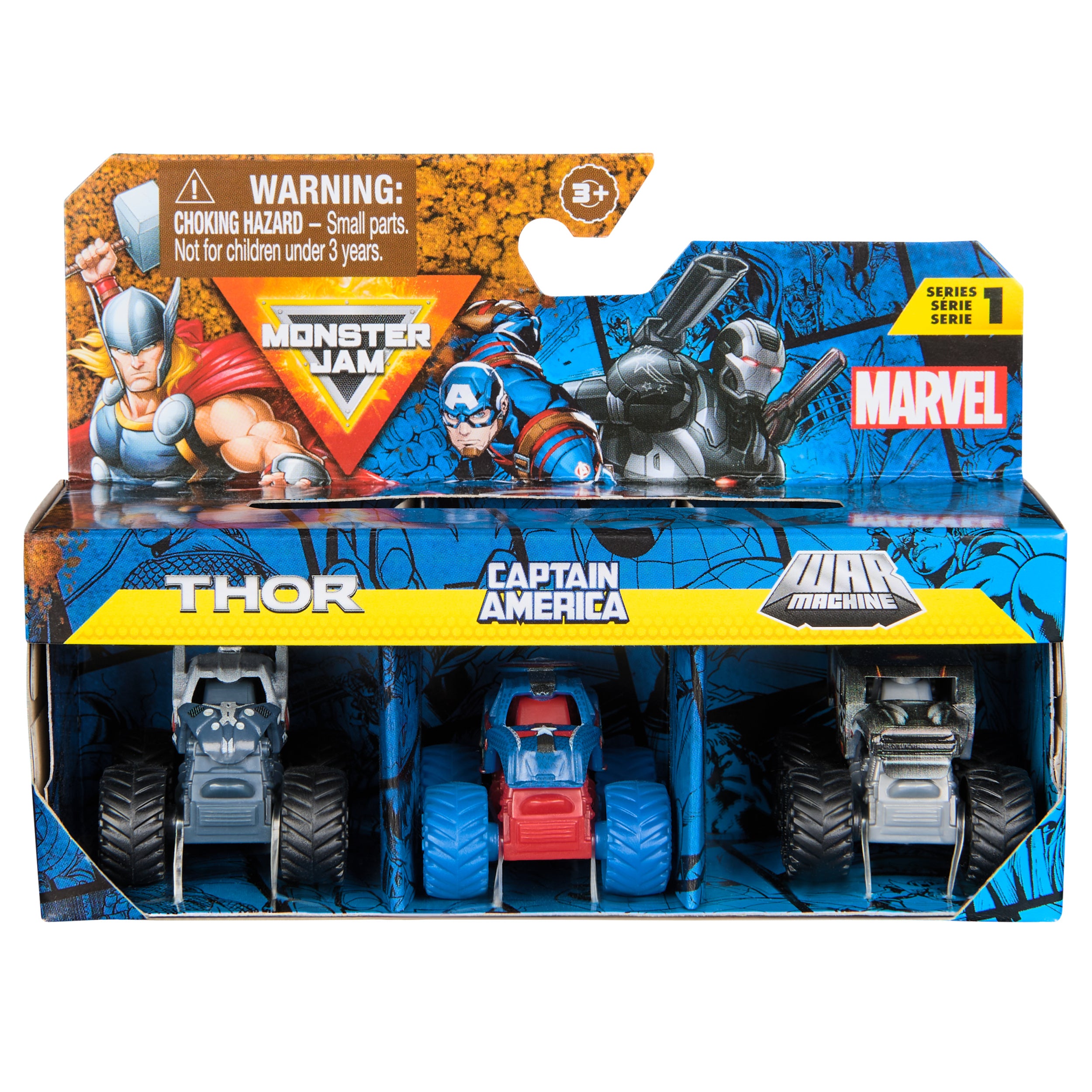 Monster Jam, Marvel Mini Monster Truck 3-Pack, 1:87 Scale, Kids Toys for Boys Ages 3 and Up  Styles May Vary