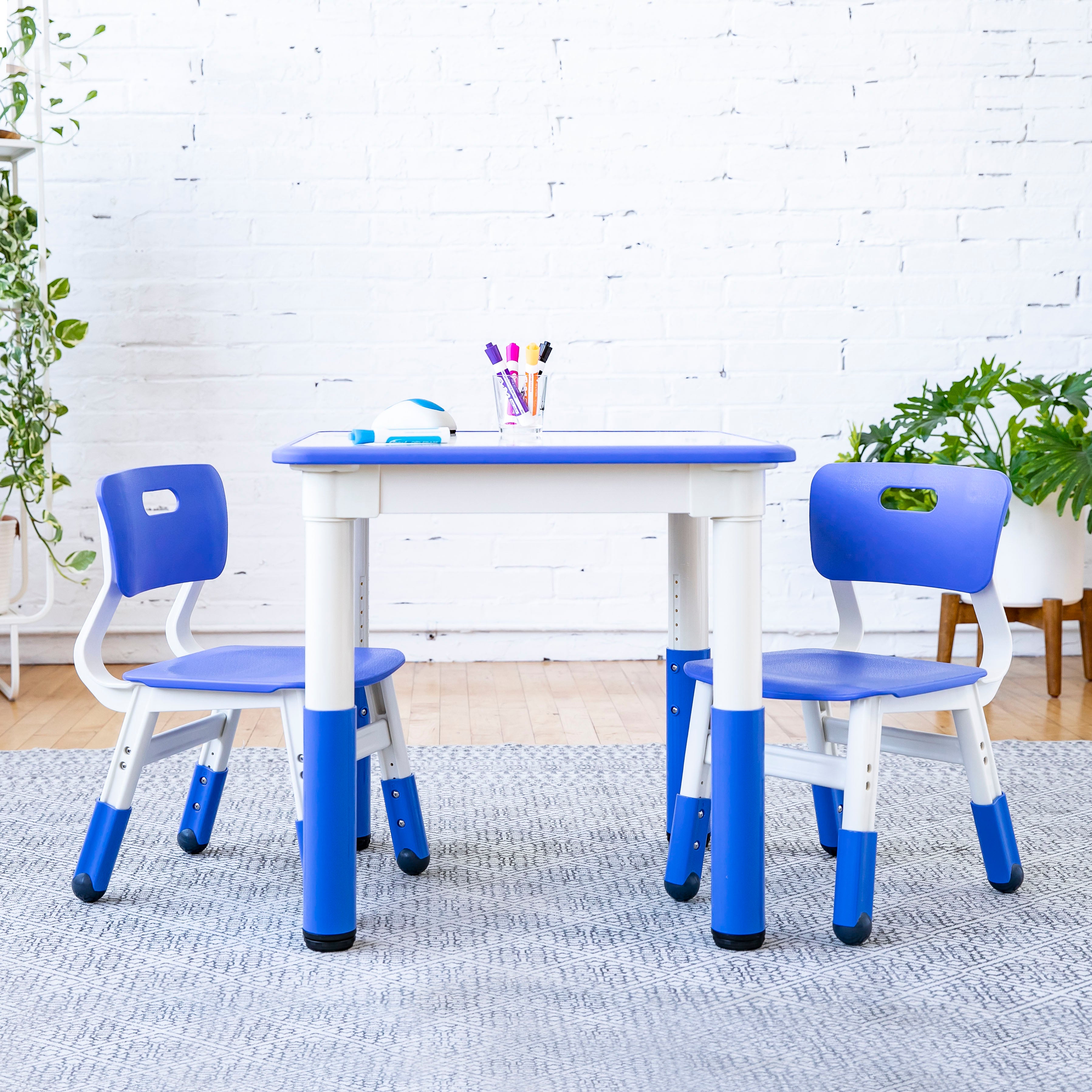 23in x 23in Square Dry-Erase Activity Table and 2 Adjustable Height Plastic Chairs - Blue