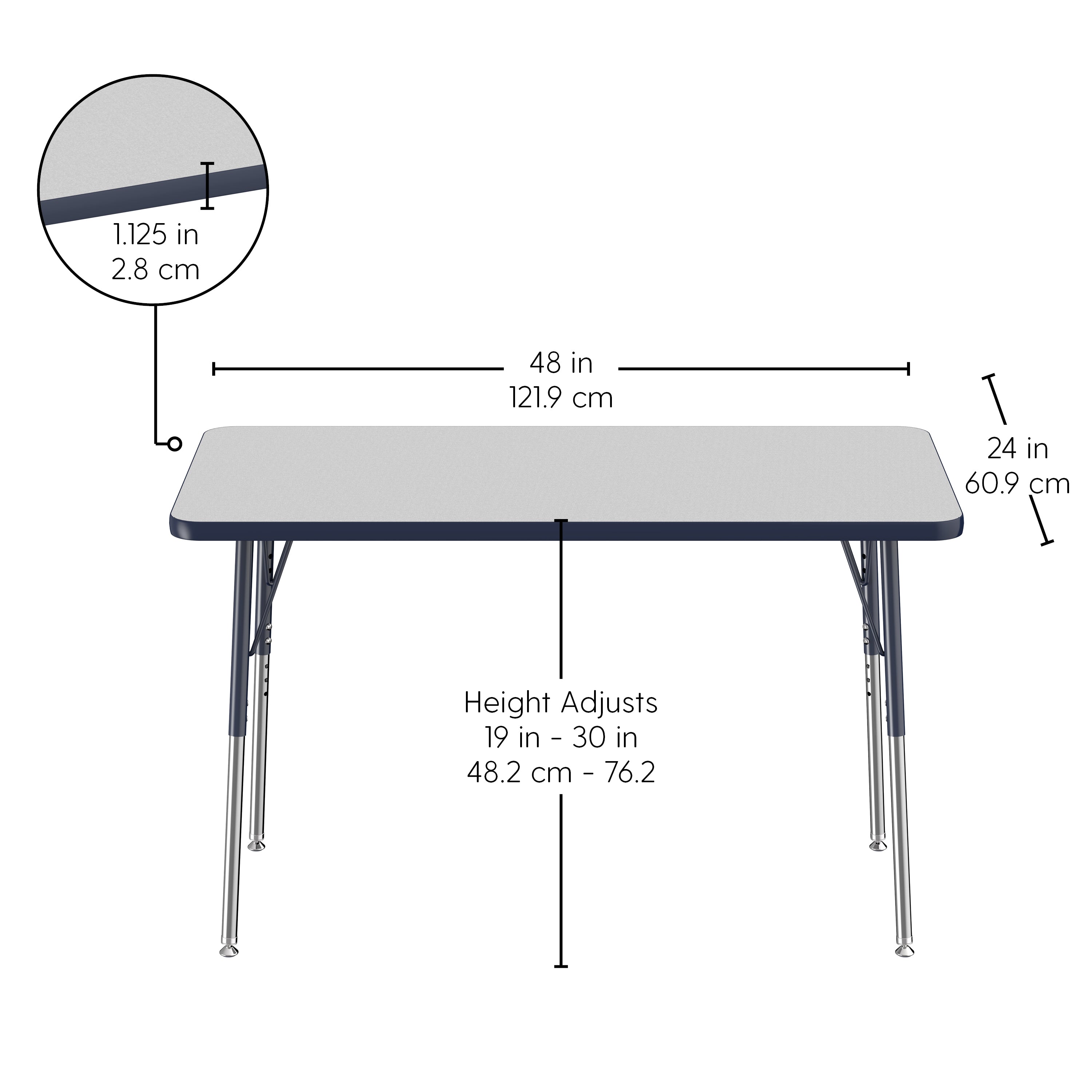 24" x 48" Rectangle T-Molding Activity Table with Adjustable Standard Swivel Glide Legs - Gray/Navy