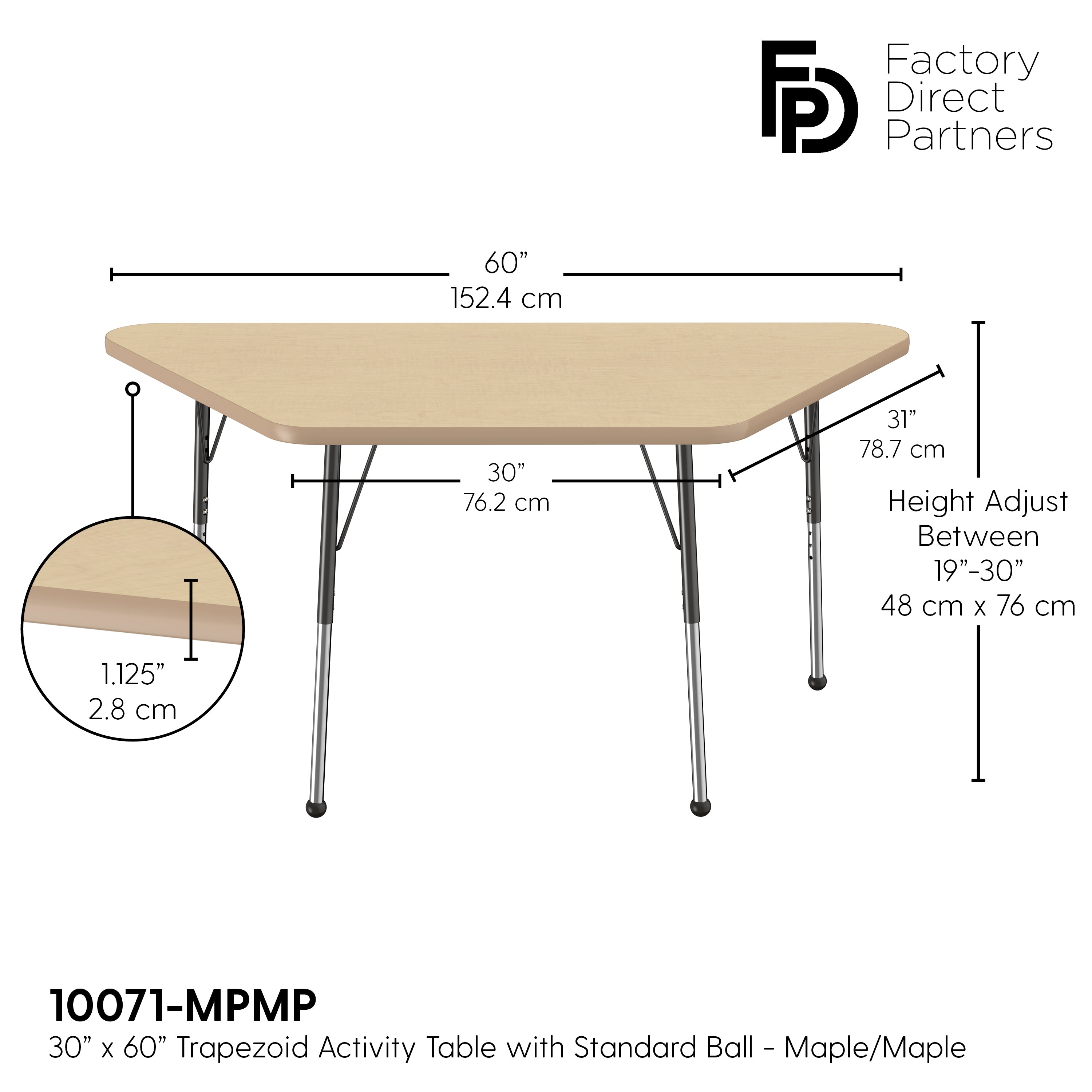 30" x 60" Trapezoid T-Molding Activity Table with Adjustable Standard Ball Glide Legs - Maple/Maple/Black