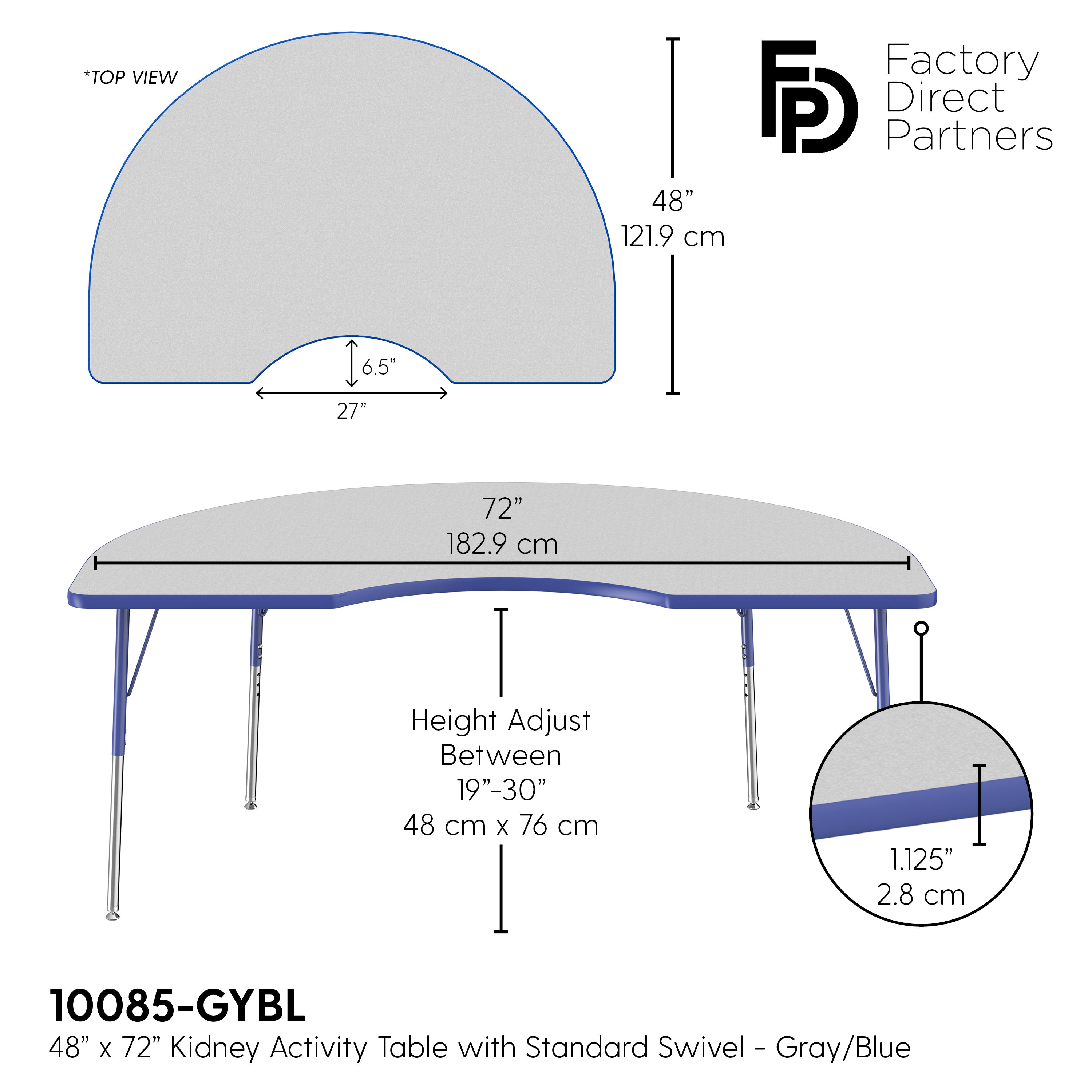48" x 72" Kidney T-Molding Activity Table with Adjustable Standard Swivel Glide Legs - Gray/Blue