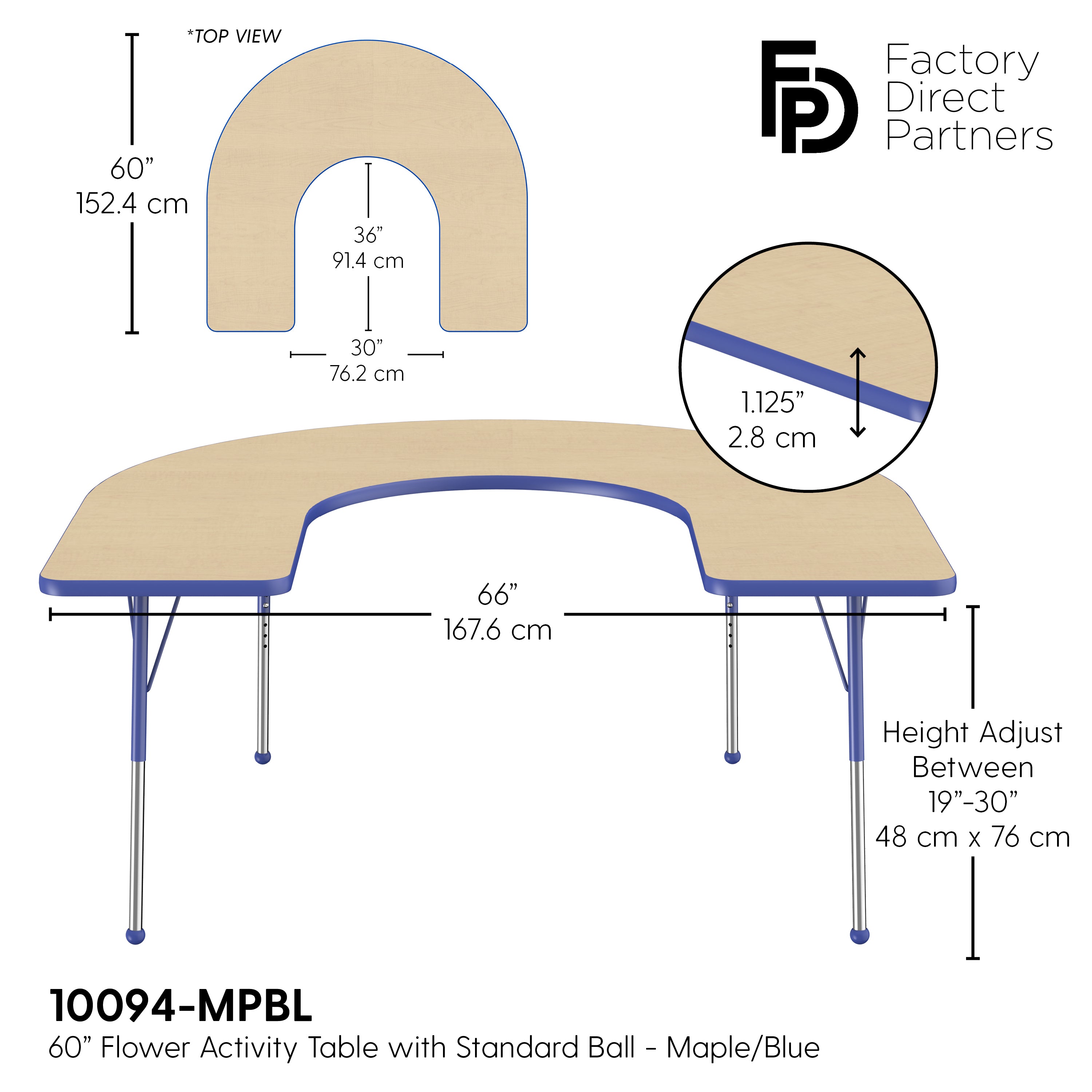 60" x 66" Horseshoe T-Molding Activity Table with Adjustable Standard Ball Glide Legs - Maple/Blue
