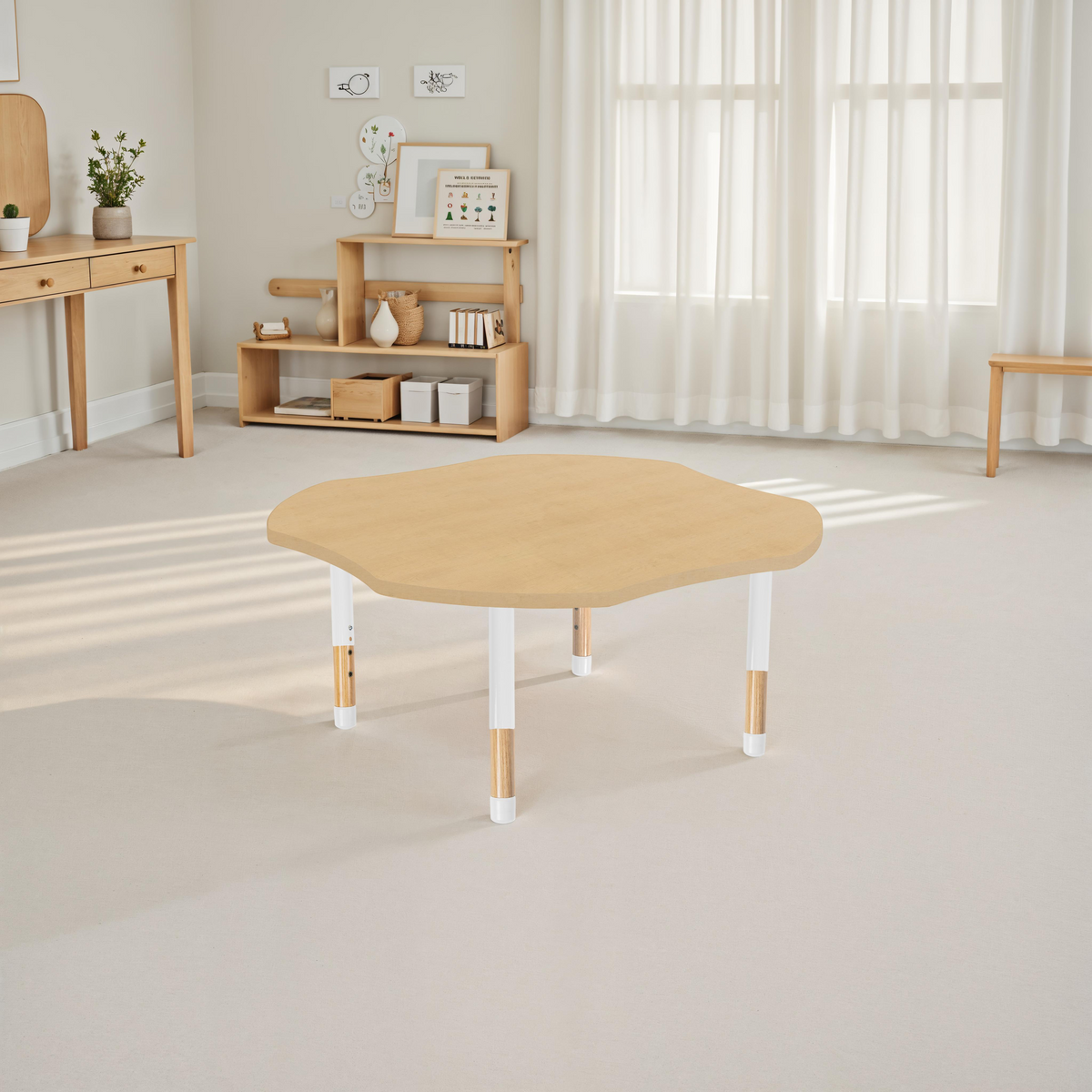 48" x 48" Clover Thermofused Activity Table with Adjustable Chunky Wood Legs - Maple Grain/White/Natural