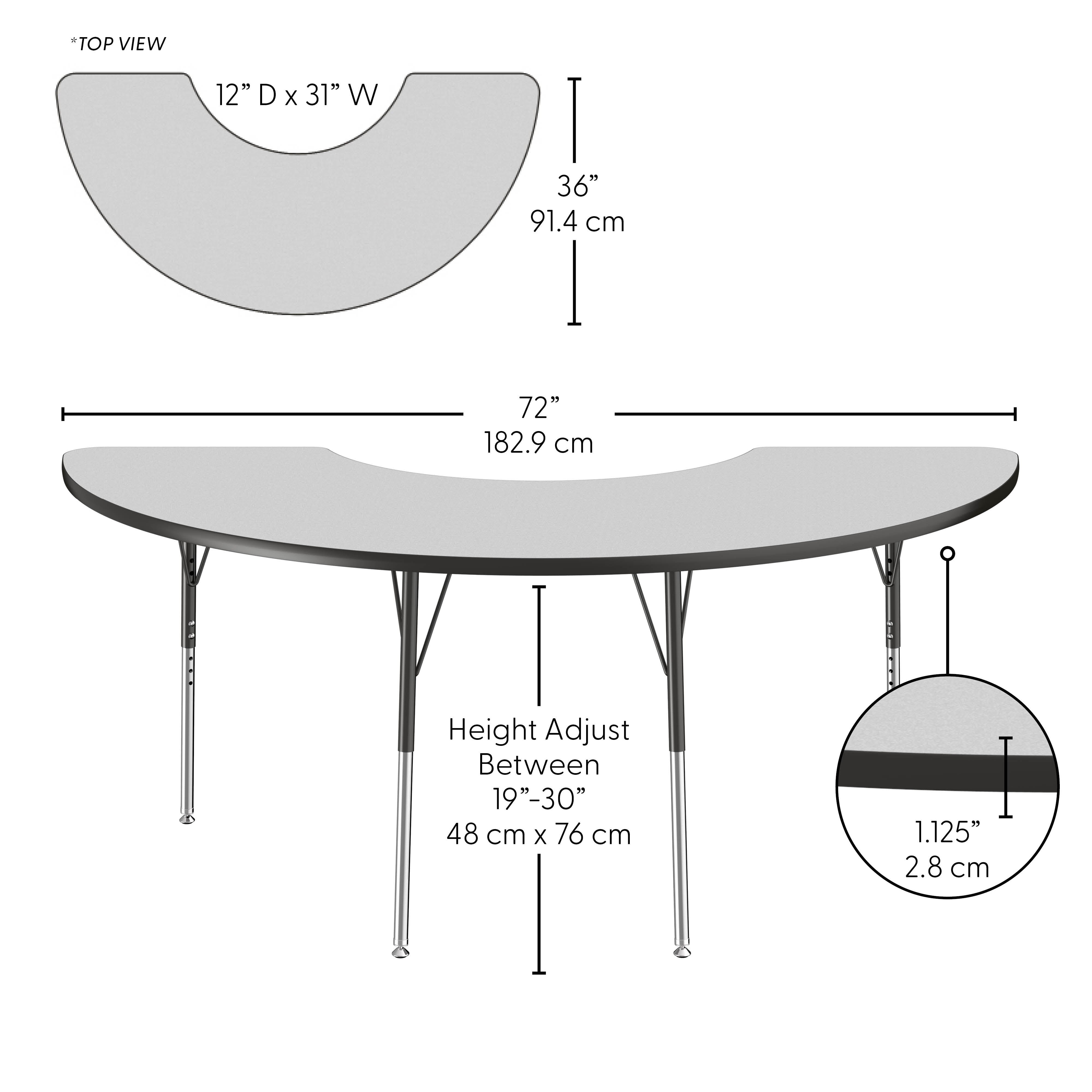 36" x 72" Half Moon Thermofused Activity Table with Adjustable Standard Swivel Glide Legs - Gray/Black