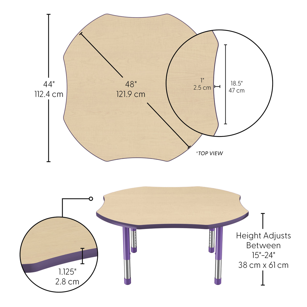 48" x 48" Clover T-Molding Activity Table with Adjustable Chunky Legs - Maple/Purple