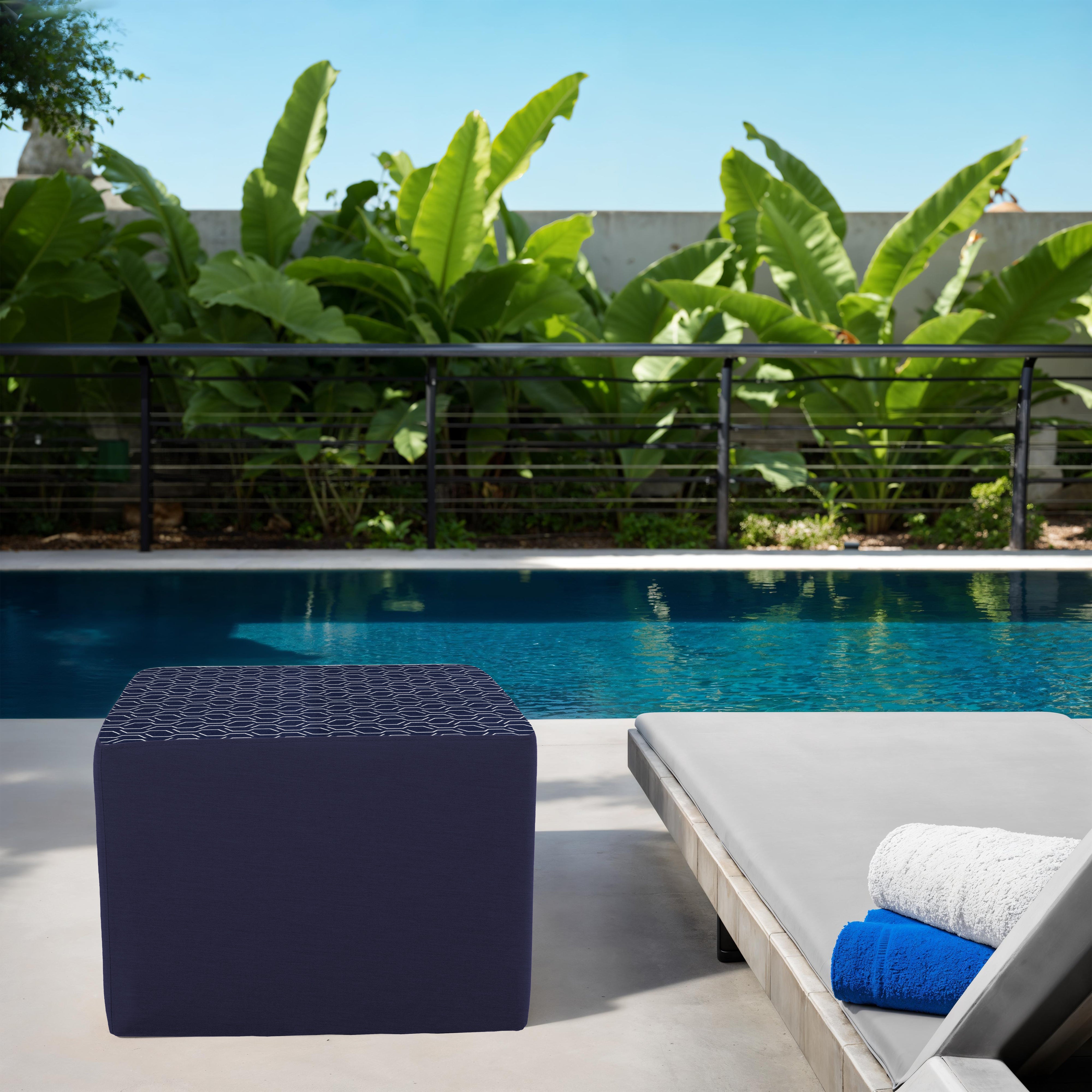 Outdoor 24" Square Ottoman with Sunbrella, 18" H - Adaptation Indigo/Canvas Navy