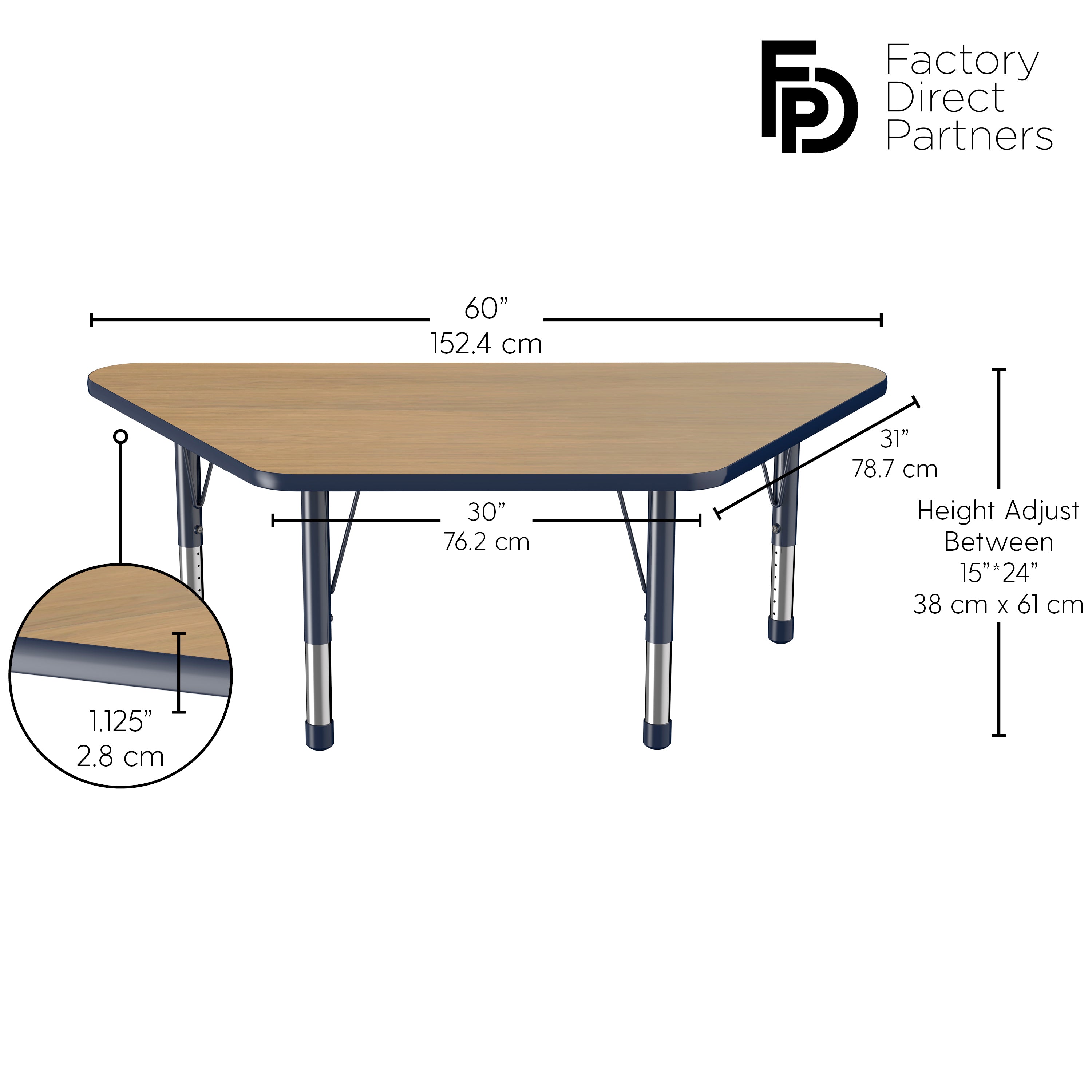 30" x 60" Trapezoid T-Molding Activity Table with Adjustable Chunky Legs - Pasadena Oak/Navy