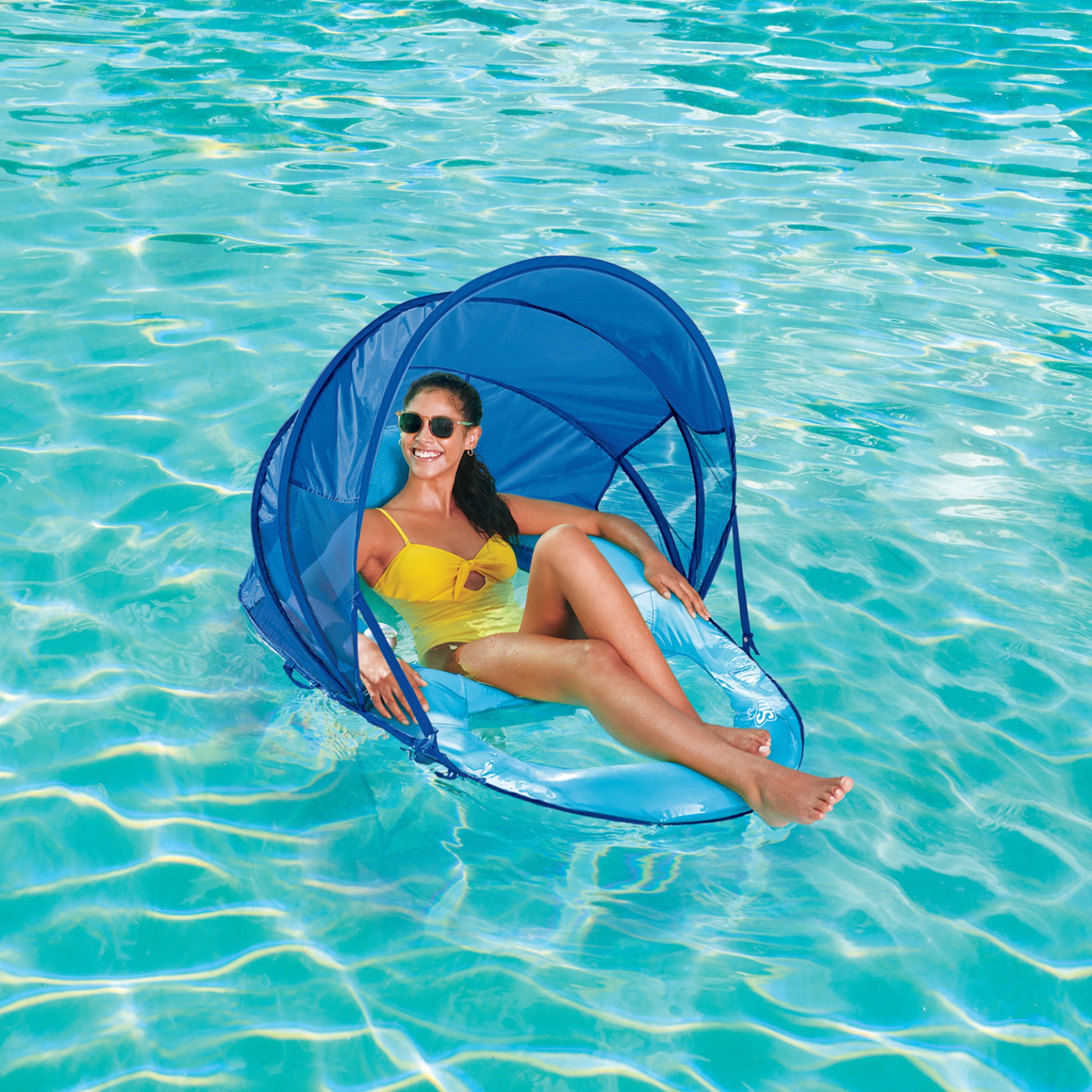 SwimWays Spring Float Premium Recliner Pool Lounge Chair with Adjustable Canopy and Hyper-Flate Valve, Blue