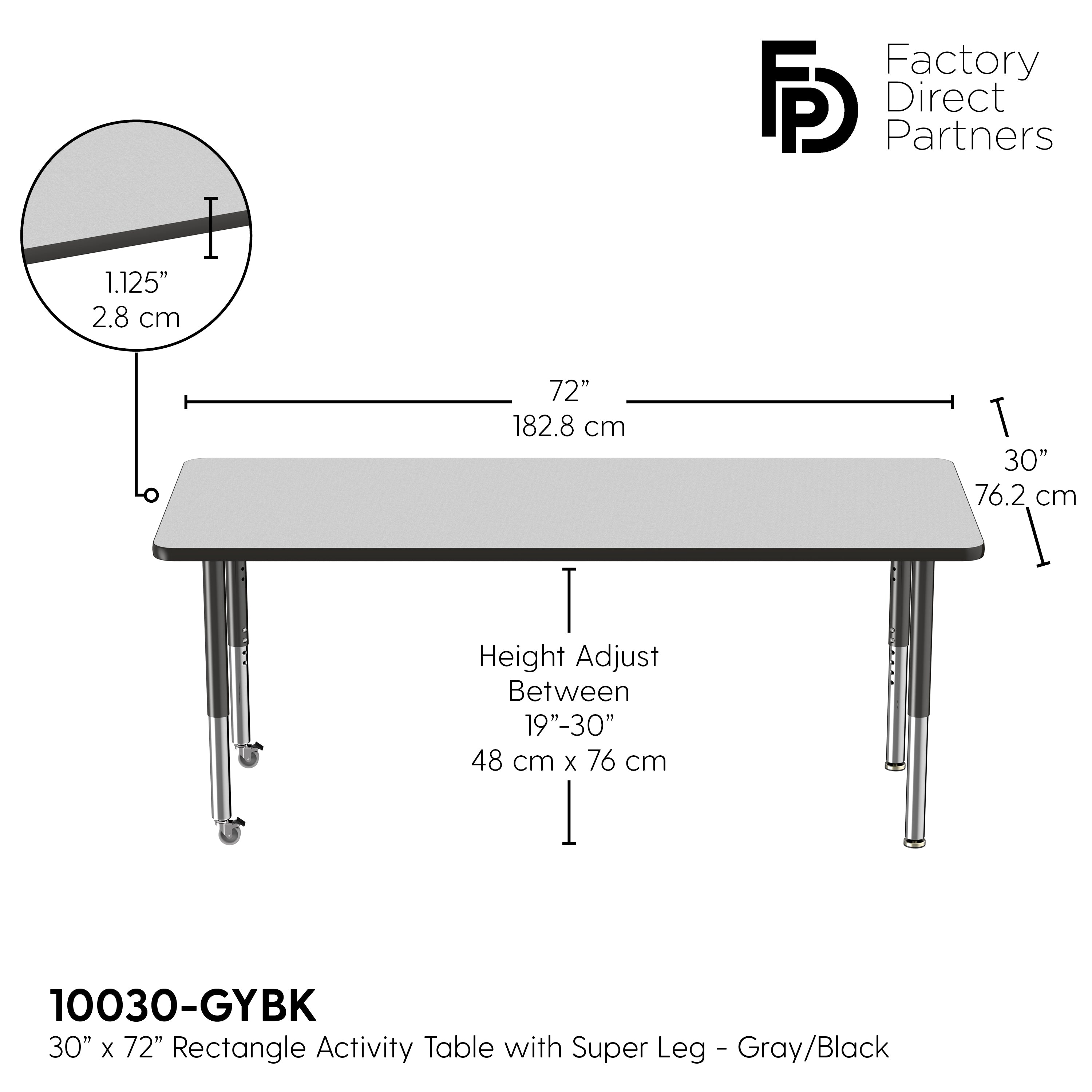 30" x 72" Rectangle T-Molding Activity Table with Adjustable Super Legs - Gray/Black