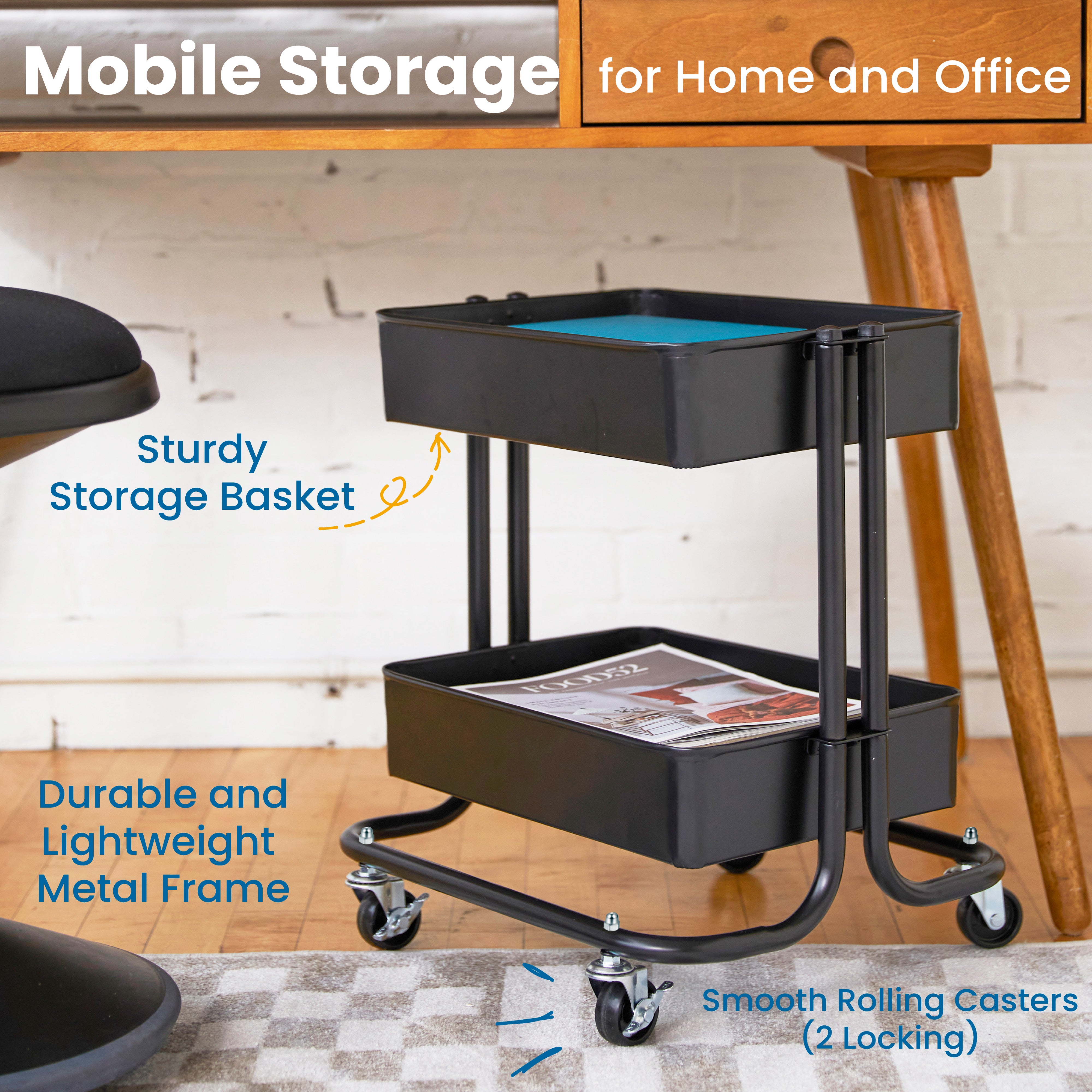 2-Tier Metal Rolling Utility Cart - Black