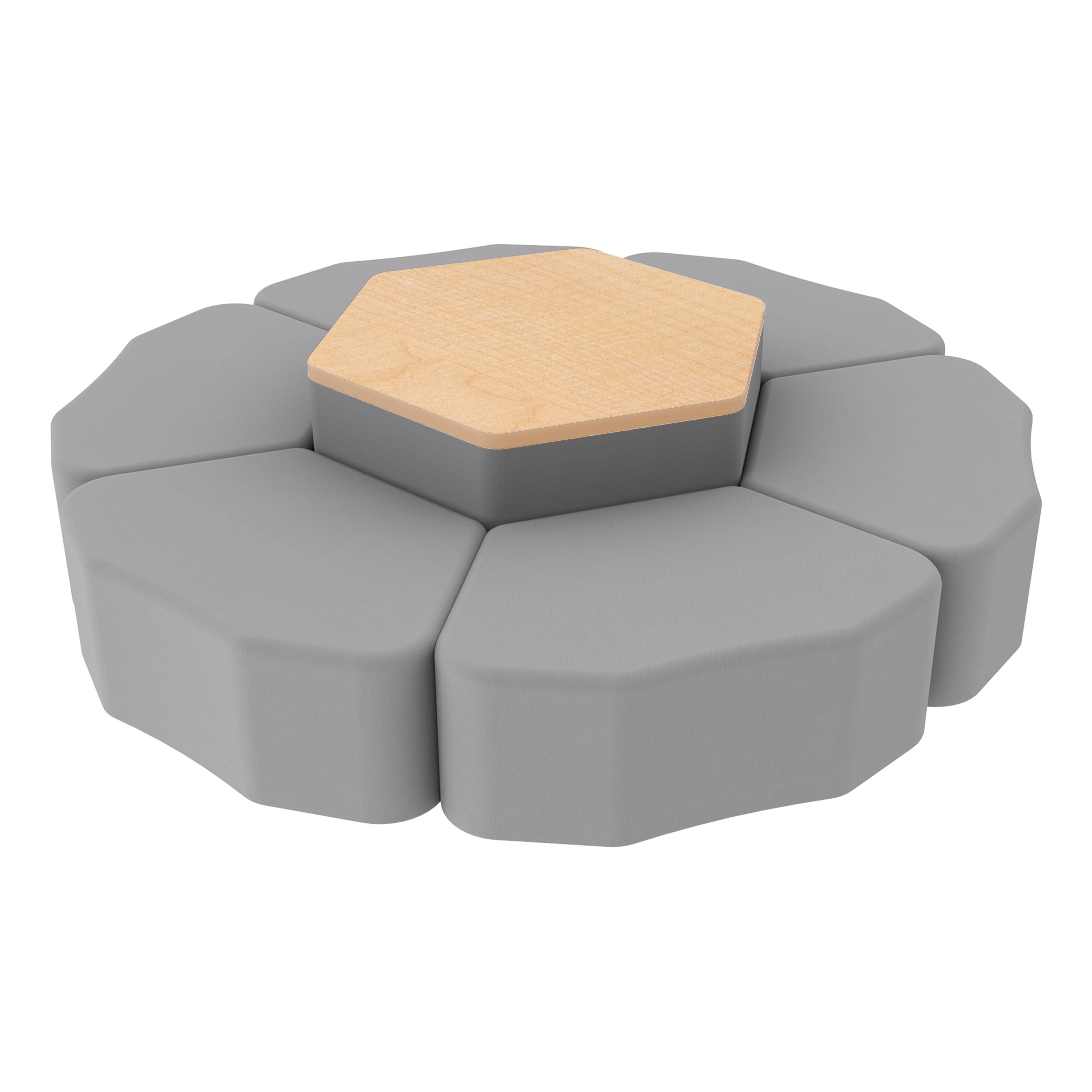 Pro Series Hexagon Ottoman Table with Petal 12" H Seating, 7-Piece Set - Gray/Maple