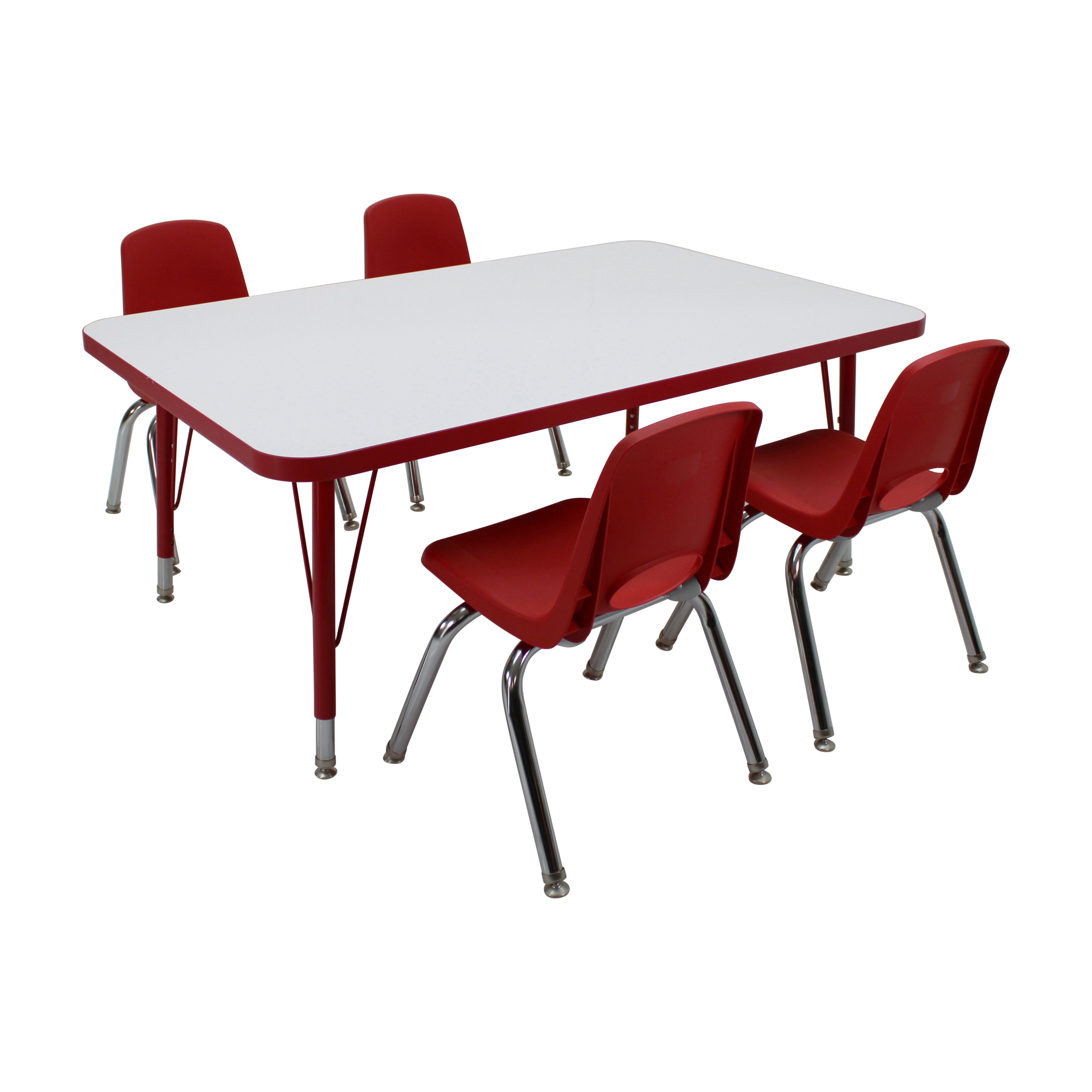 30" x 48" Rectangle Dry-Erase Activity Table with Standard Legs and 12" Stack Chairs with Swivel Glides, 5-Piece Set - Whiteboard/Red