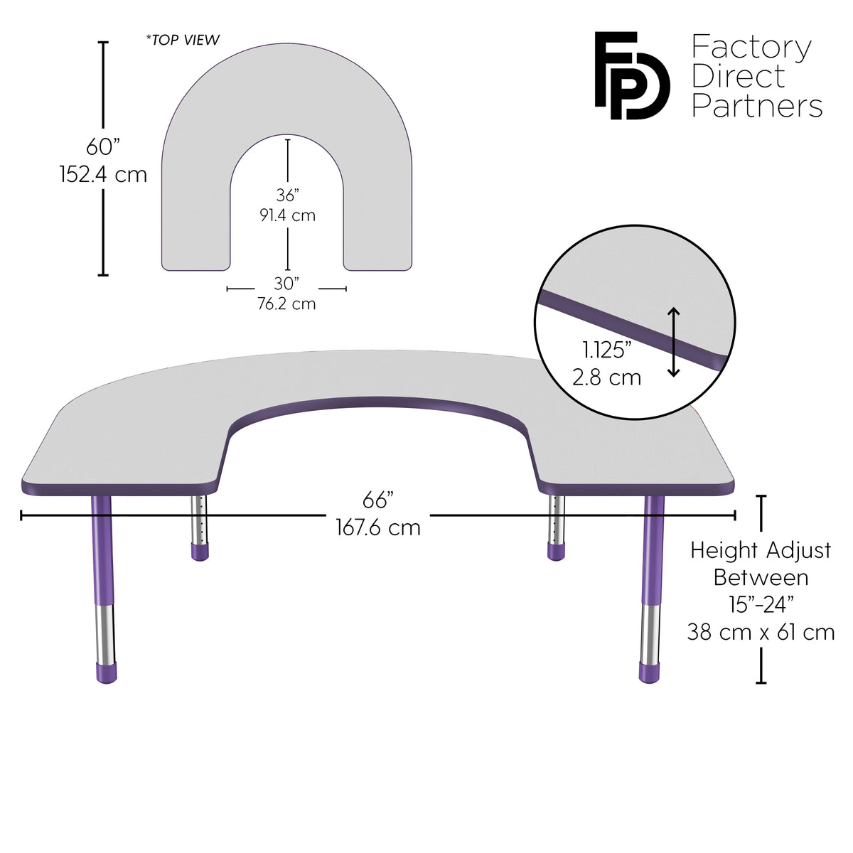 60" x 66" Horseshoe T-Molding Activity Table with Adjustable Chunky Legs - Gray/Purple