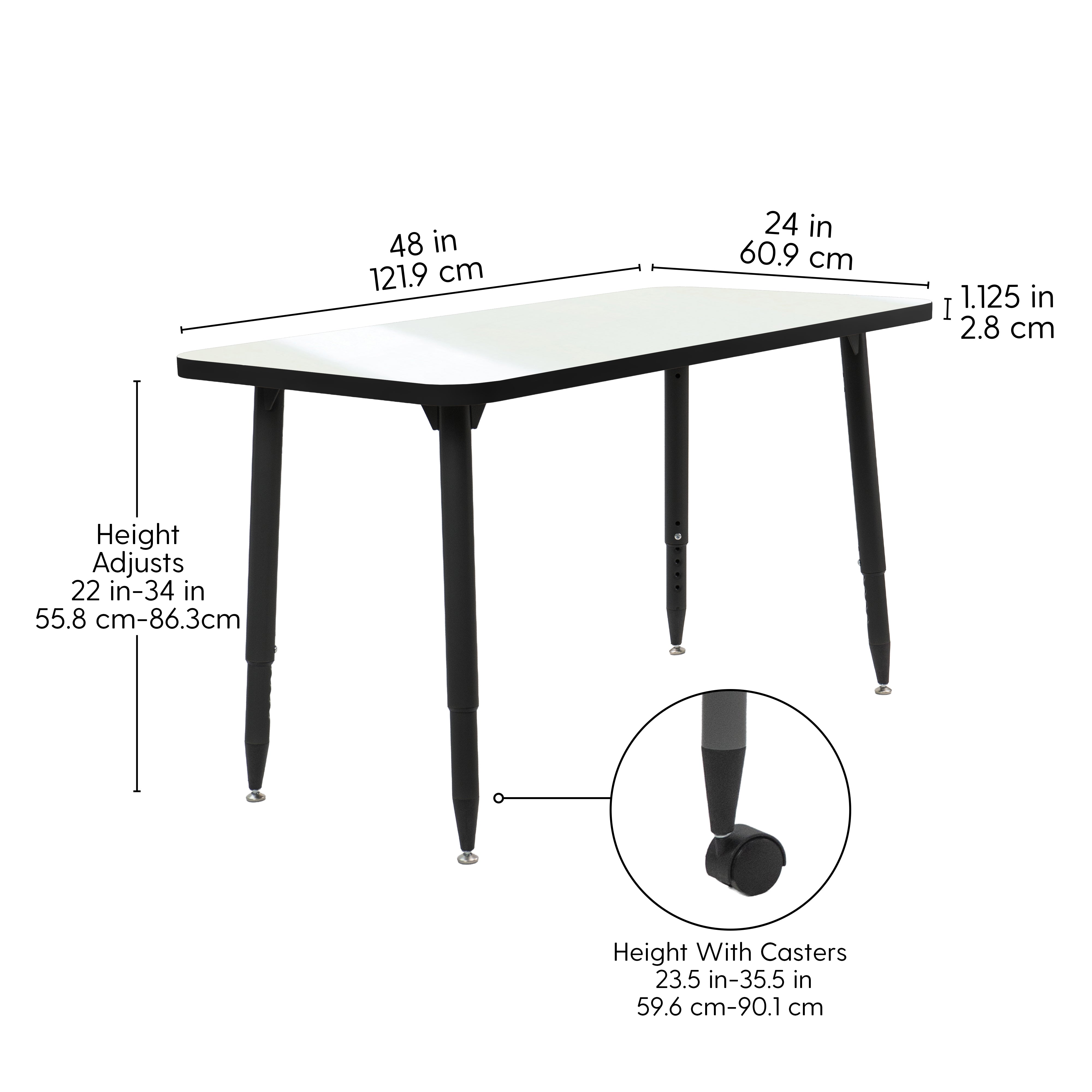 Adapte 24" x 48" Rectangle Dry-Erase Activity Table with Adjustable Tapered Legs - Whiteboard/Black