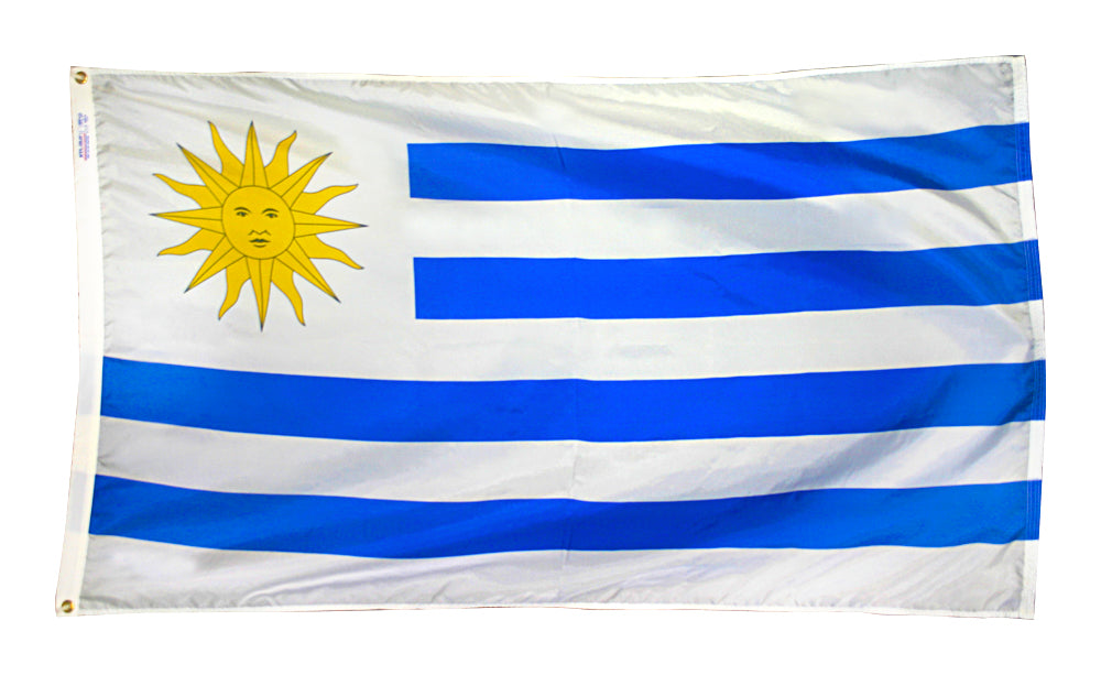 Uruguay Flag 2x3 ft. Nylon SolarGuard Nyl-Glo 100% Made in USA to Official United Nations Design Specifications.