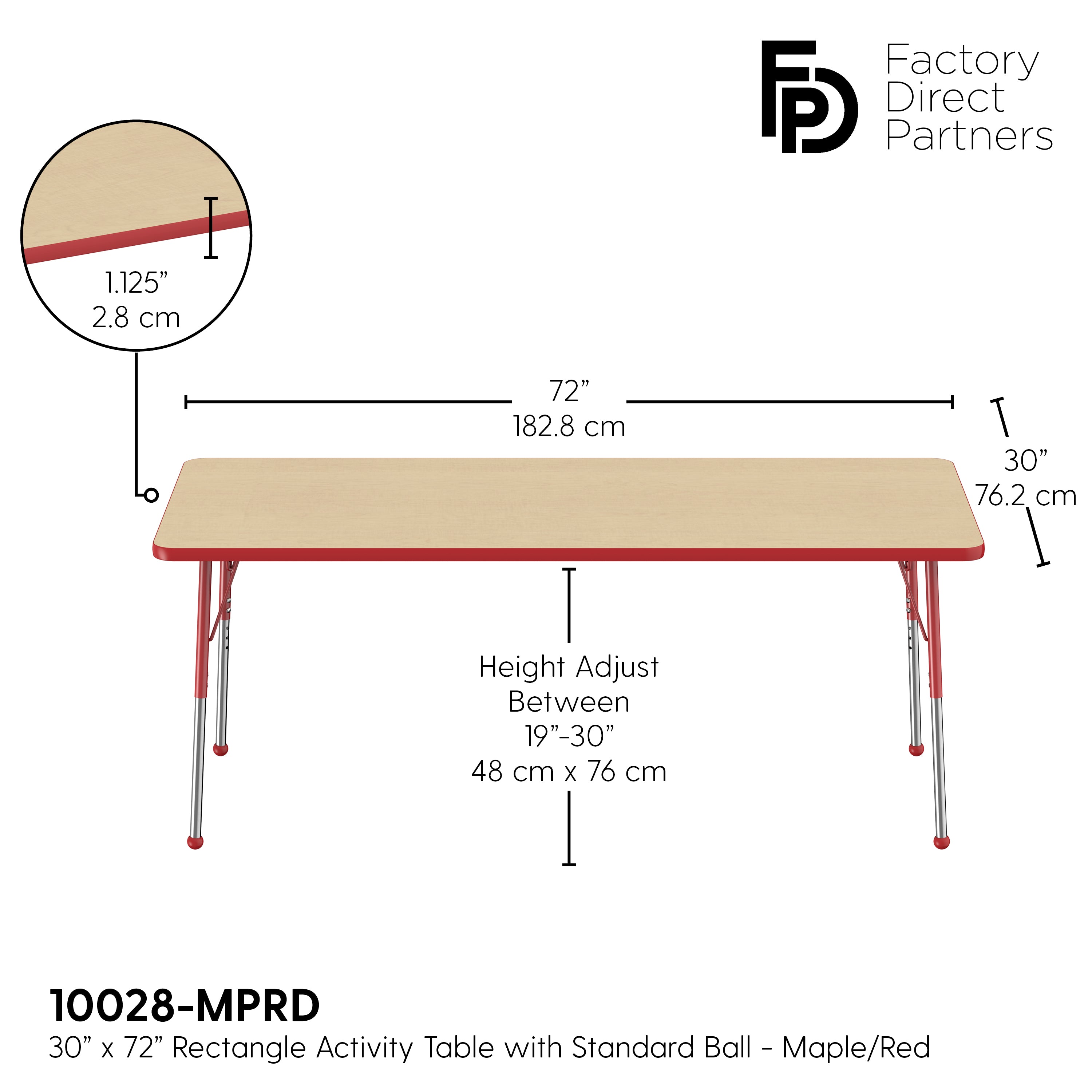 30" x 72" Rectangle T-Molding Activity Table with Adjustable Standard Ball Glide Legs - Maple/Red