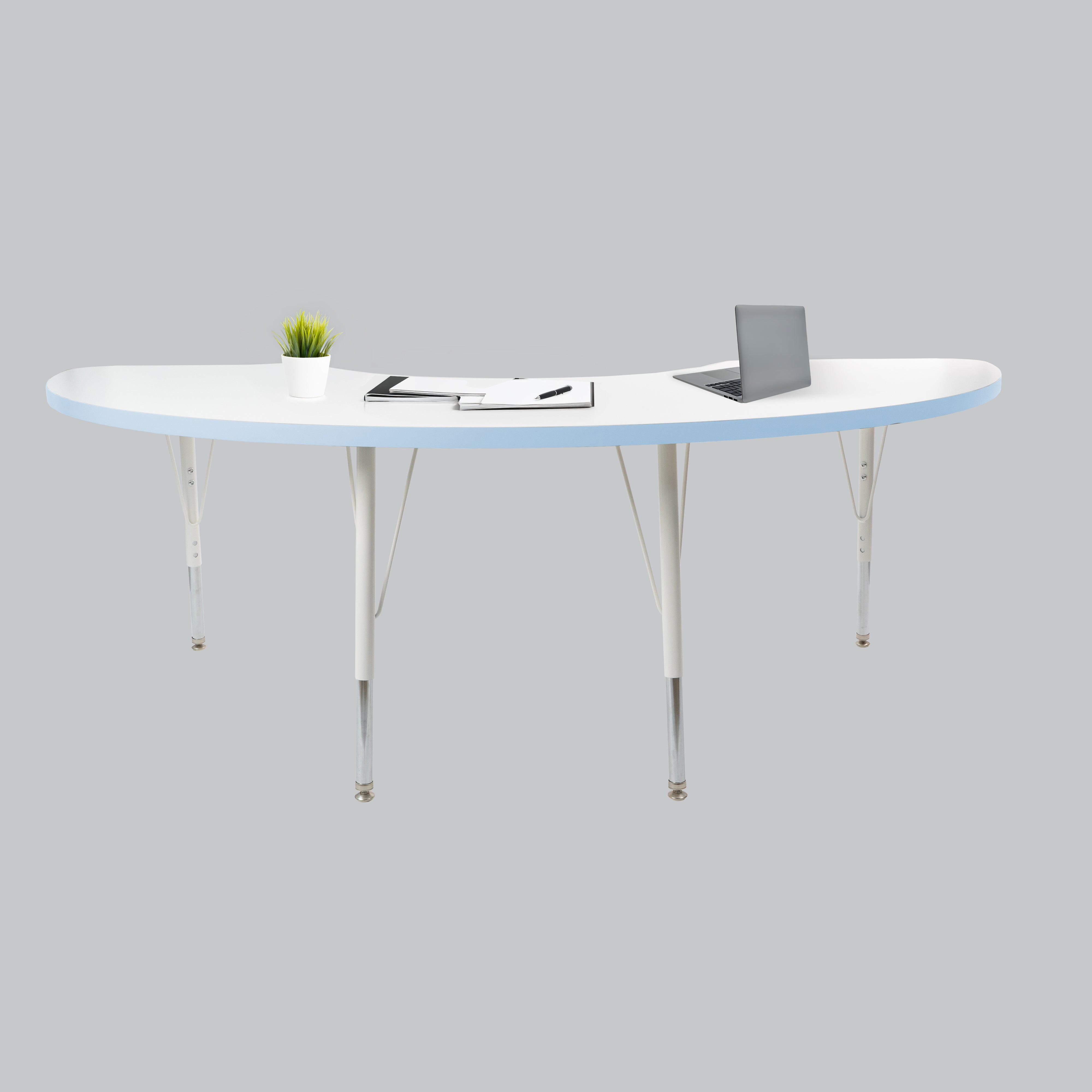36" x 72" Half Moon Thermofused Activity Table with Adjustable Standard Swivel Glide Legs - White/Powder Blue/White