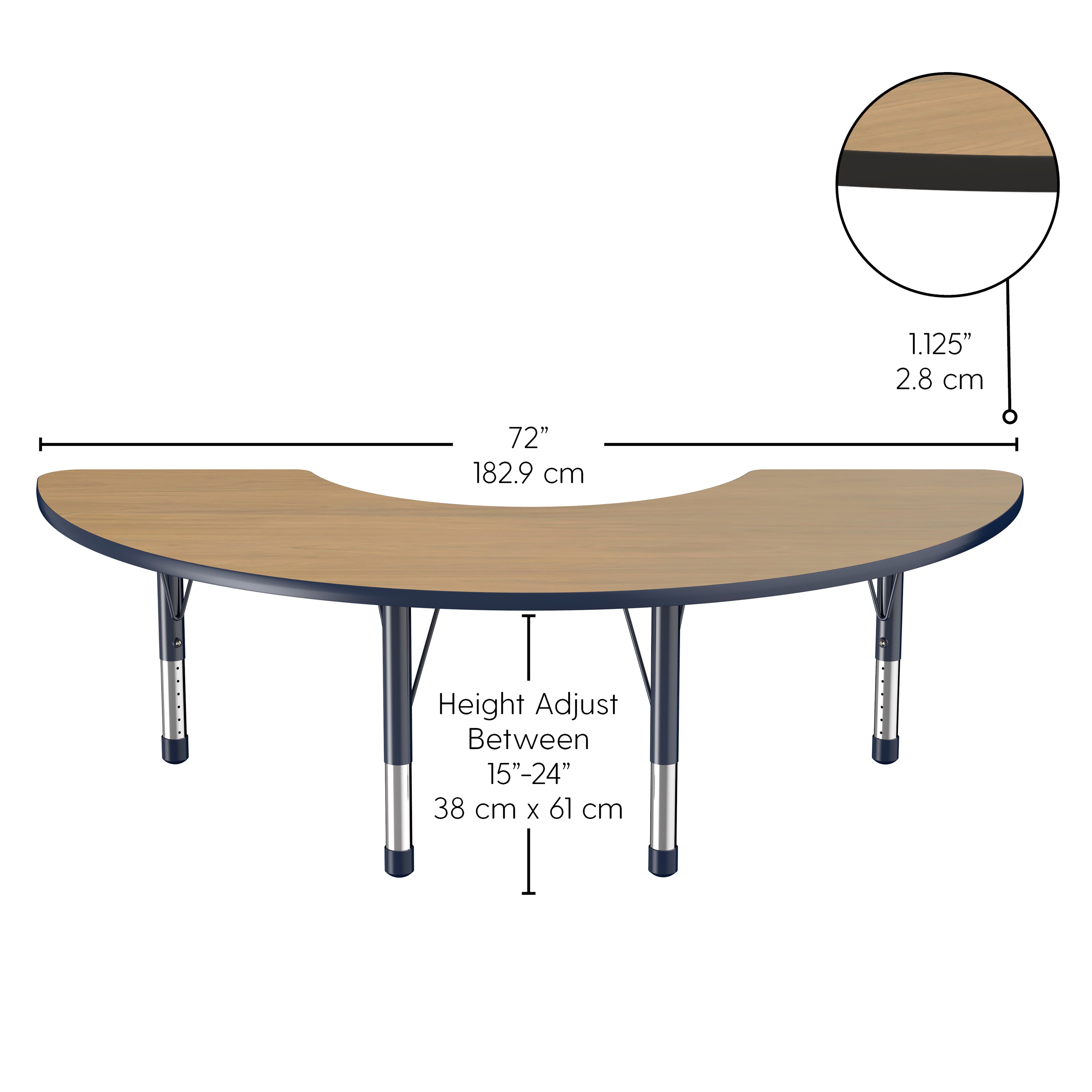 36" x 72" Half Moon T-Molding Activity Table with Adjustable Chunky Legs - Pasadena Oak/Navy