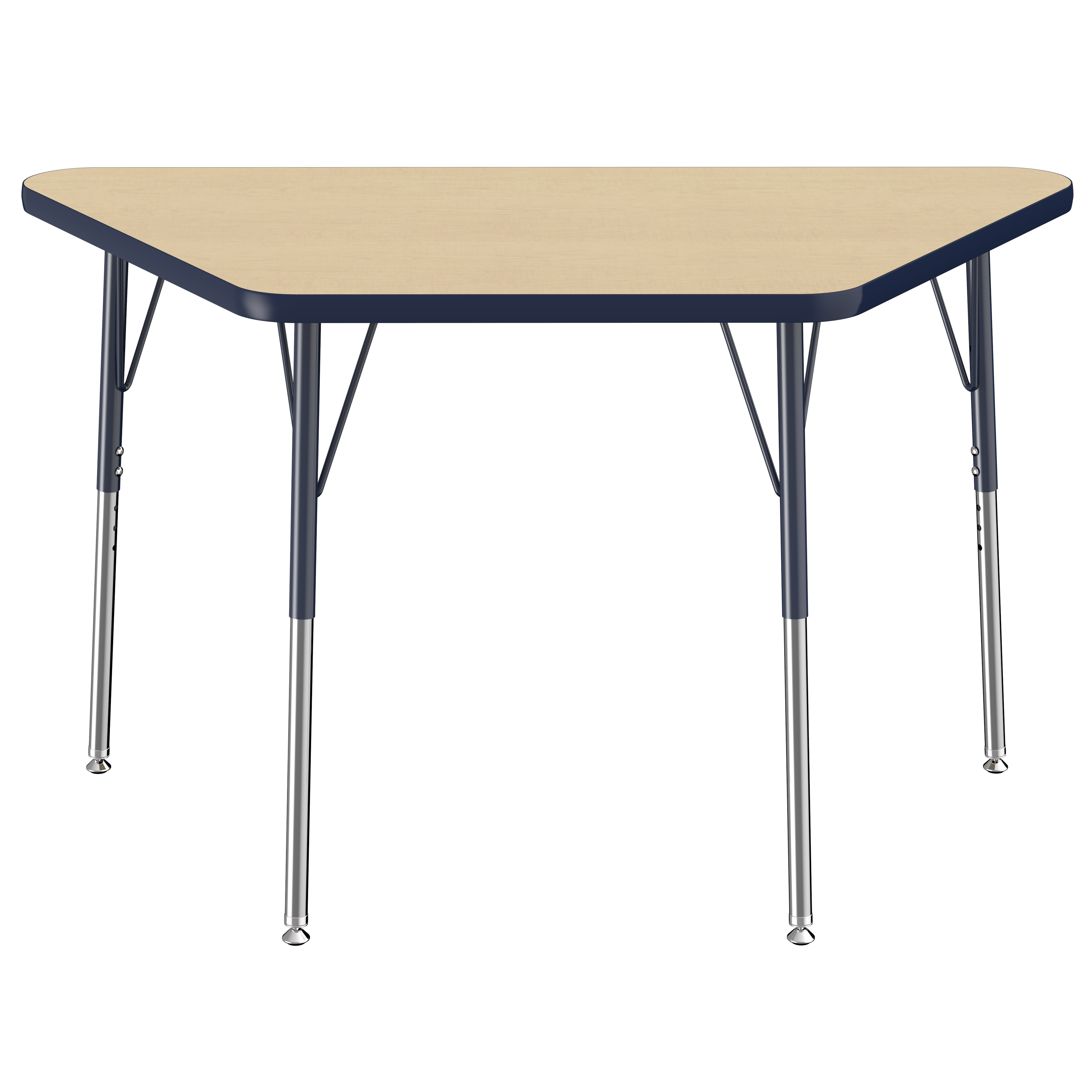 24" x 48" Trapezoid T-Molding Activity Table with Adjustable Standard Swivel Glide Legs - Maple/Navy