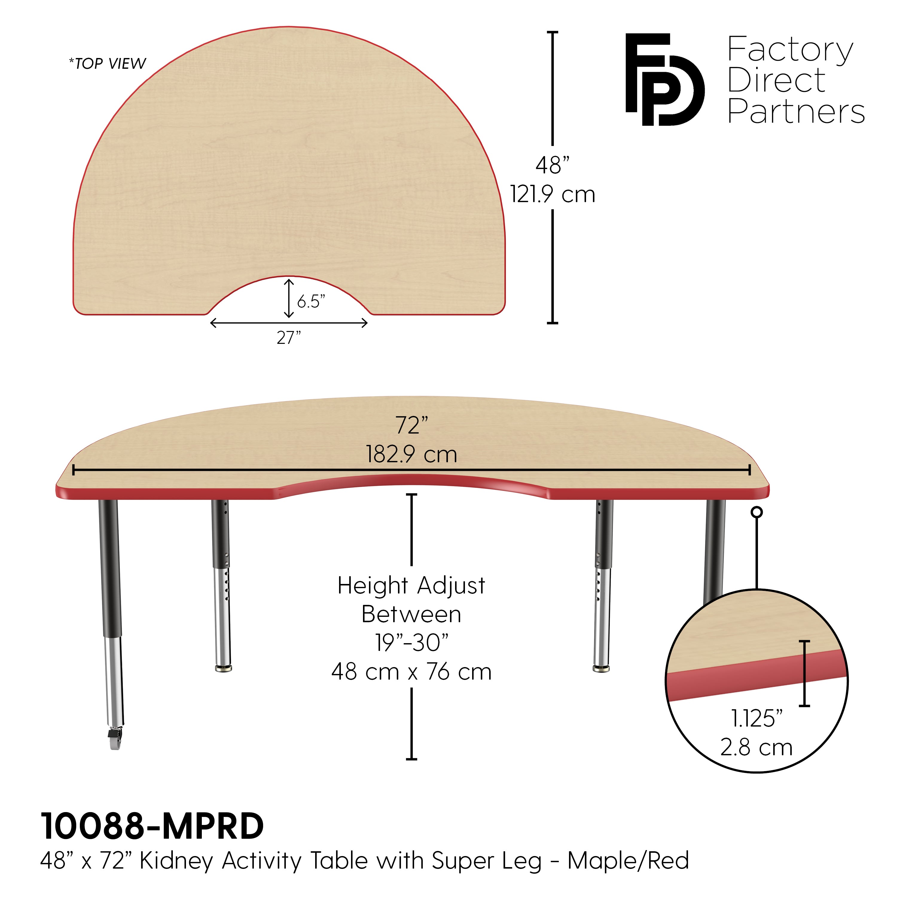 48" x 72" Kidney T-Molding Activity Table with Adjustable Super Legs - Maple/Red/Black
