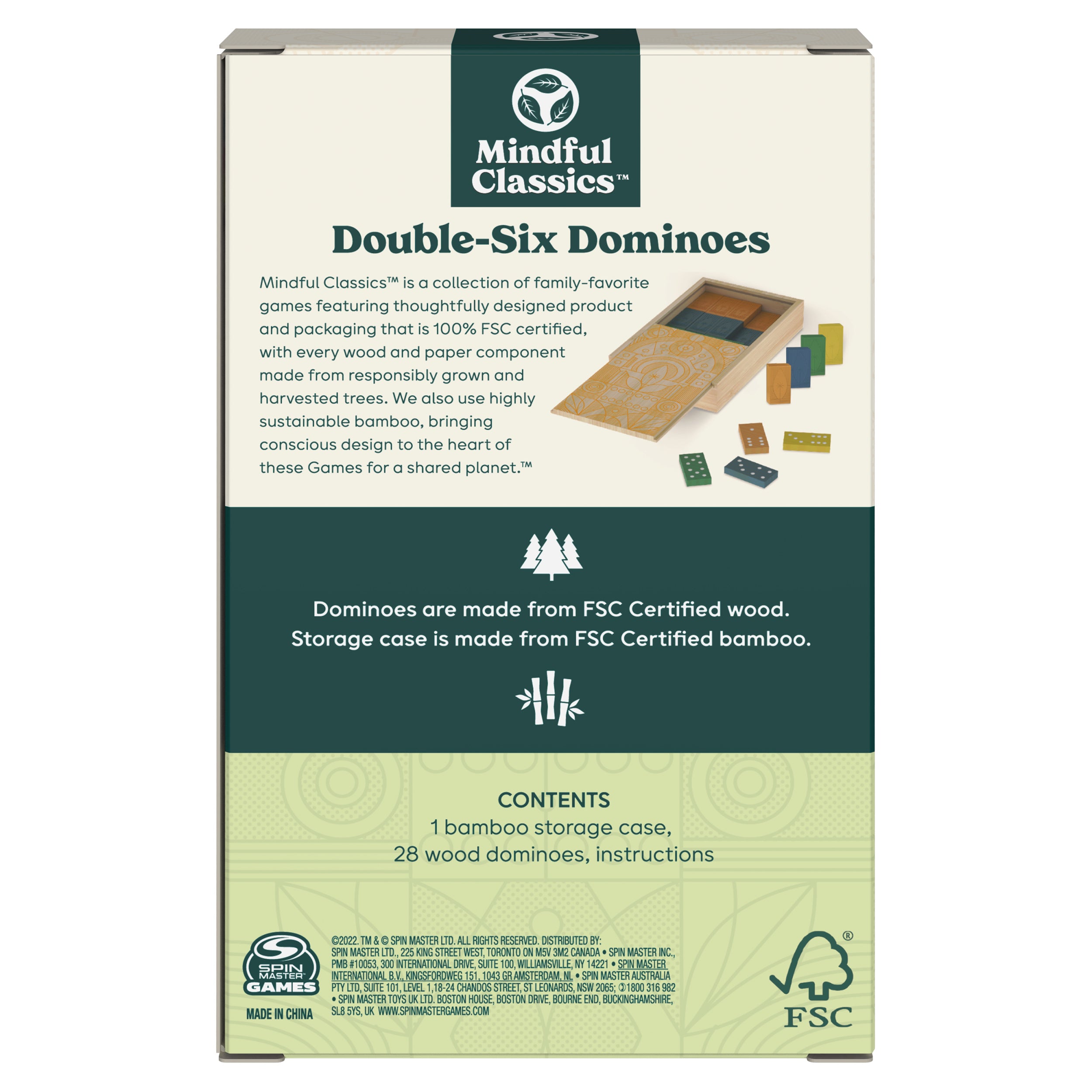 Mindful Classics, Double-Six Wood Dominoes Set Sustainable Classic Games with Wood Storage Case, for Adults and Kids Ages 8 and up