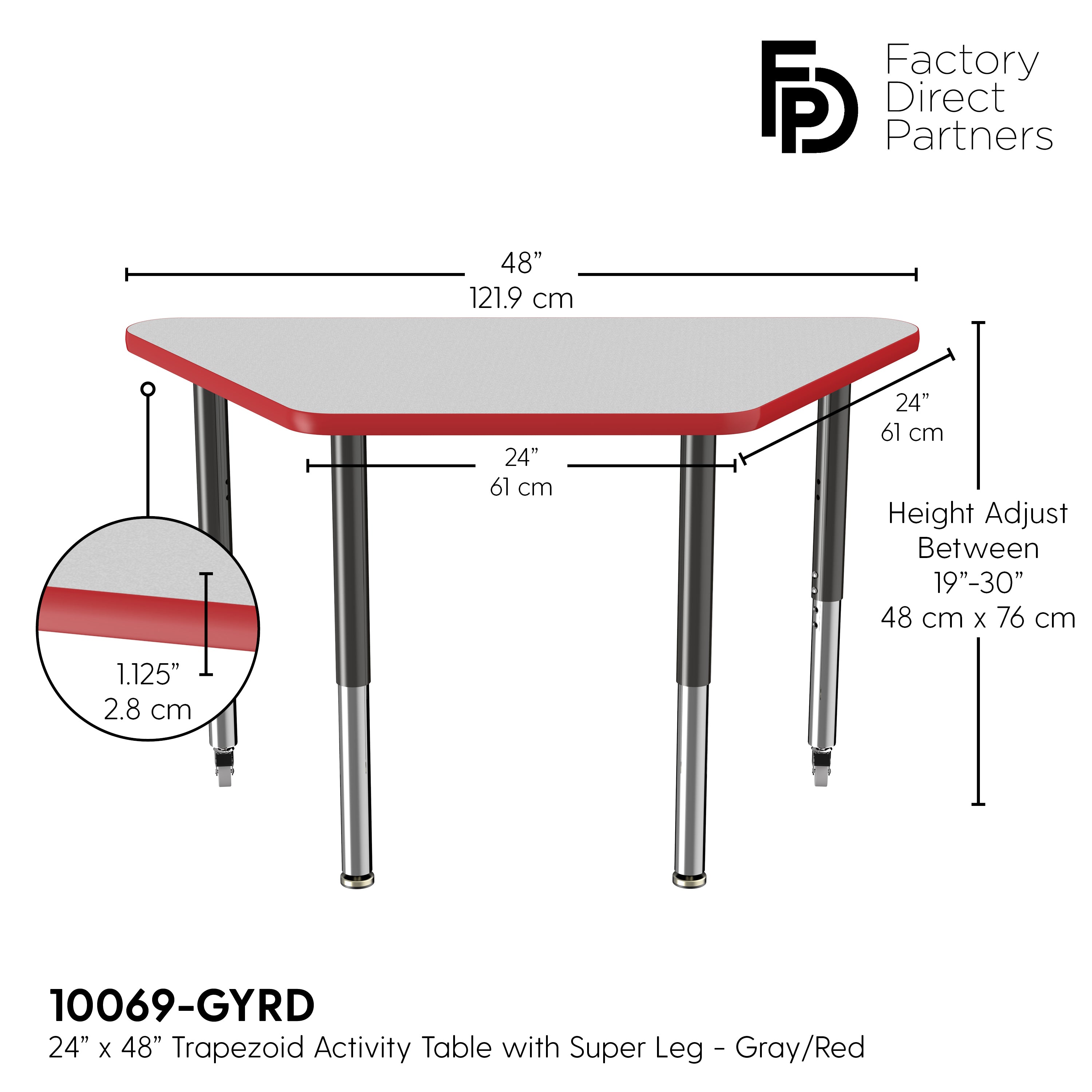 24" x 48" Trapezoid T-Molding Activity Table with Adjustable Super Legs - Gray/Red/Black