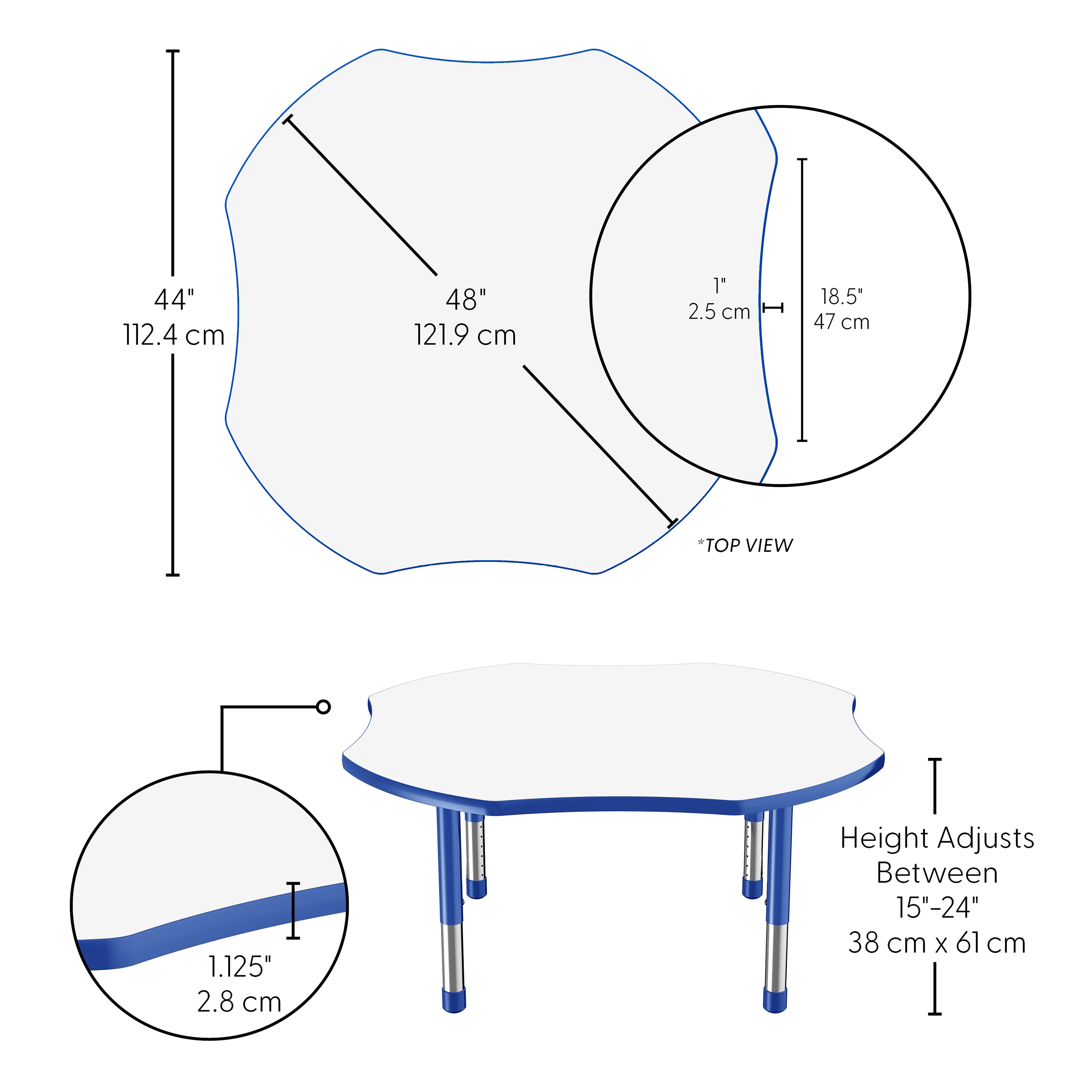 48" x 48" Clover Dry-Erase Activity Table with Adjustable Chunky Legs - Whiteboard/Blue