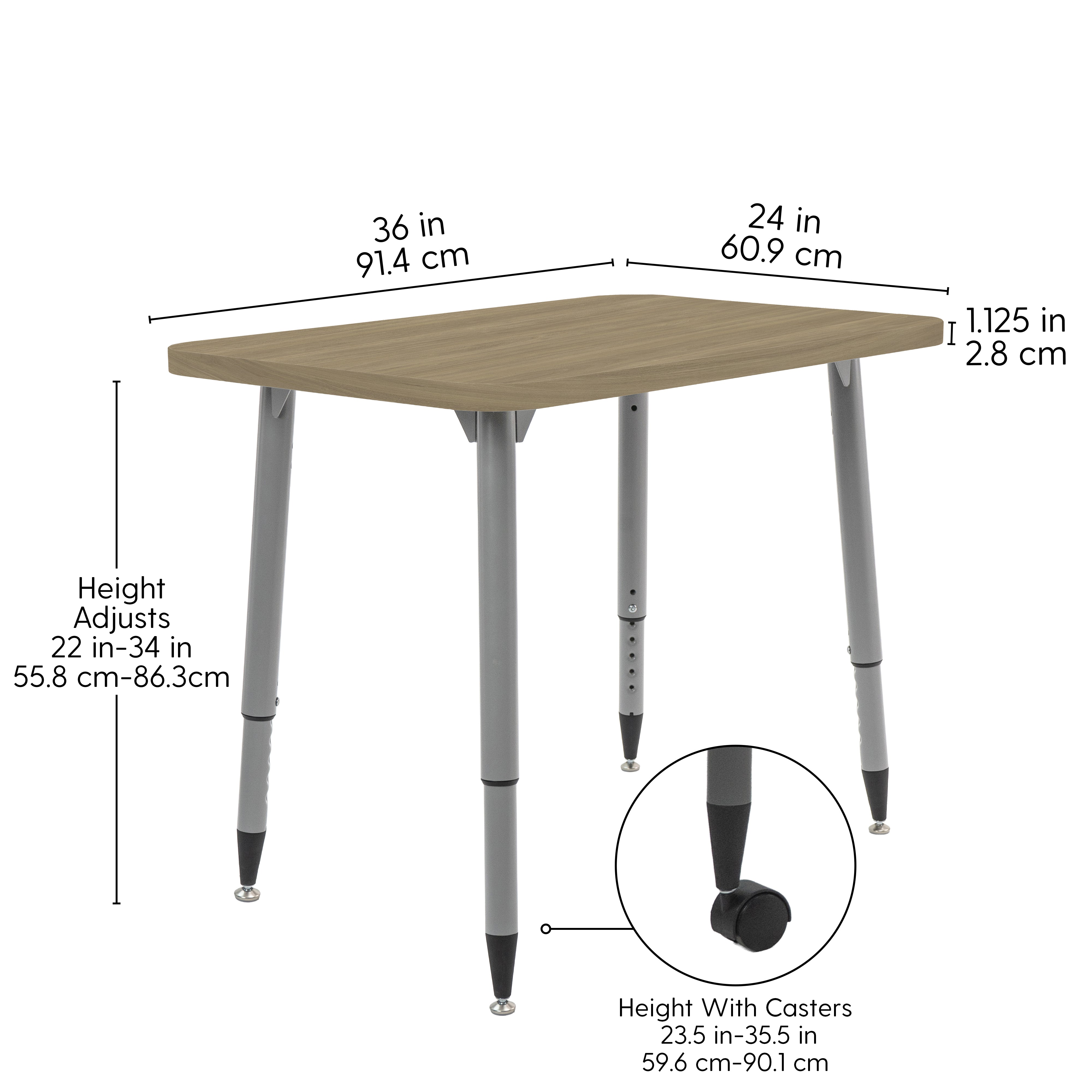 Adapte 24" x 36" Rectangle Woodgrain Activity Table with Adjustable Tapered Legs - Pasadena Oak/Silver