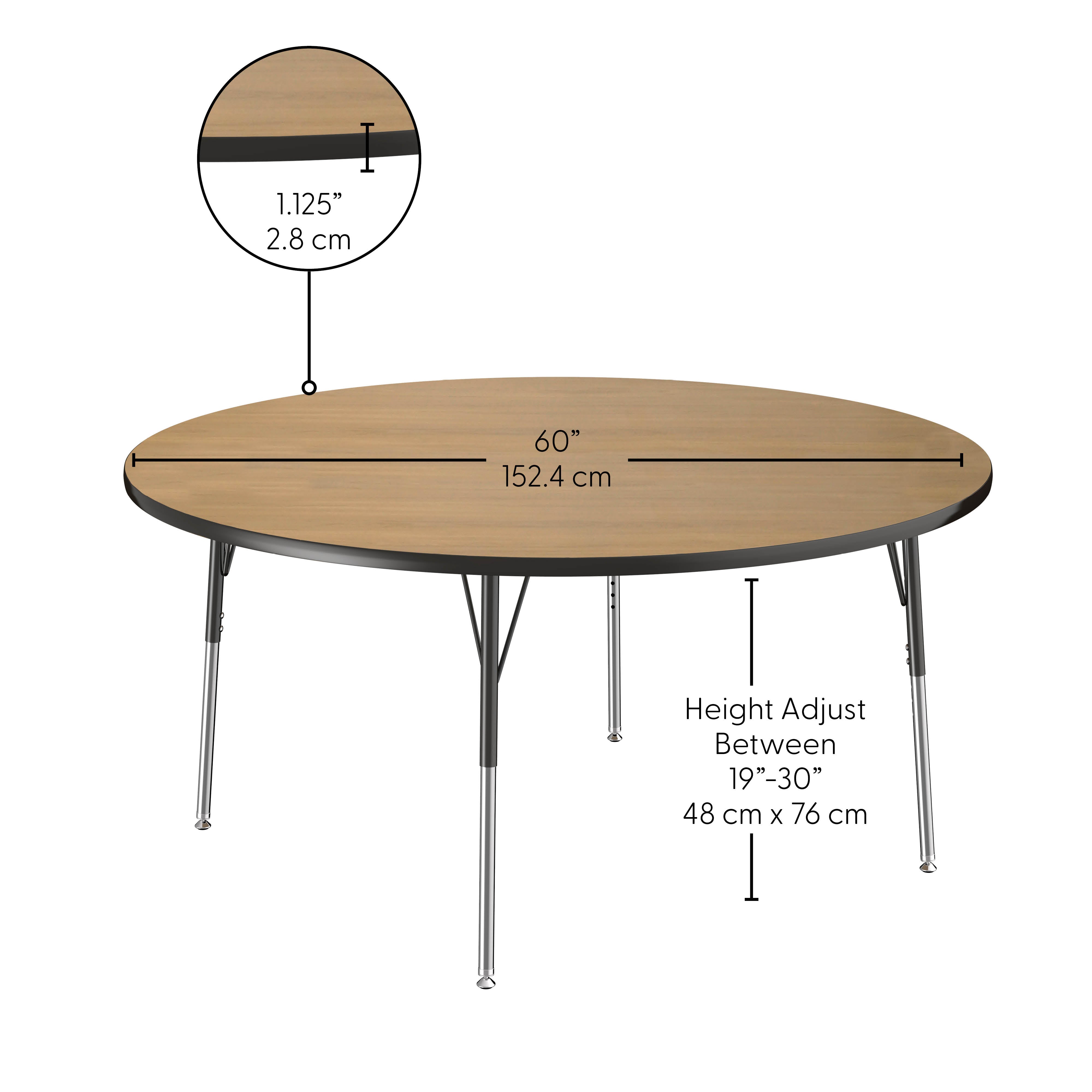 60" Round T-Molding Activity Table with Adjustable Standard Swivel Glide Legs - Pasadena Oak/Black