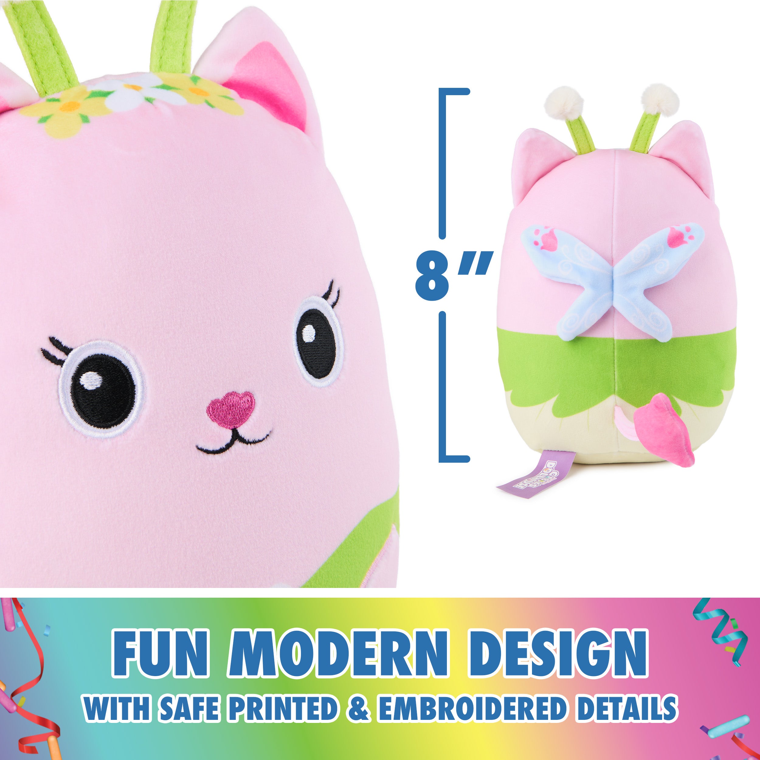 Gabby’s Dollhouse Official Kitty Fairy Squishy Plush Toy, Cat Stuffed Animal, Squishy Toys for Ages 1 & Up, Pink/Green, 8”