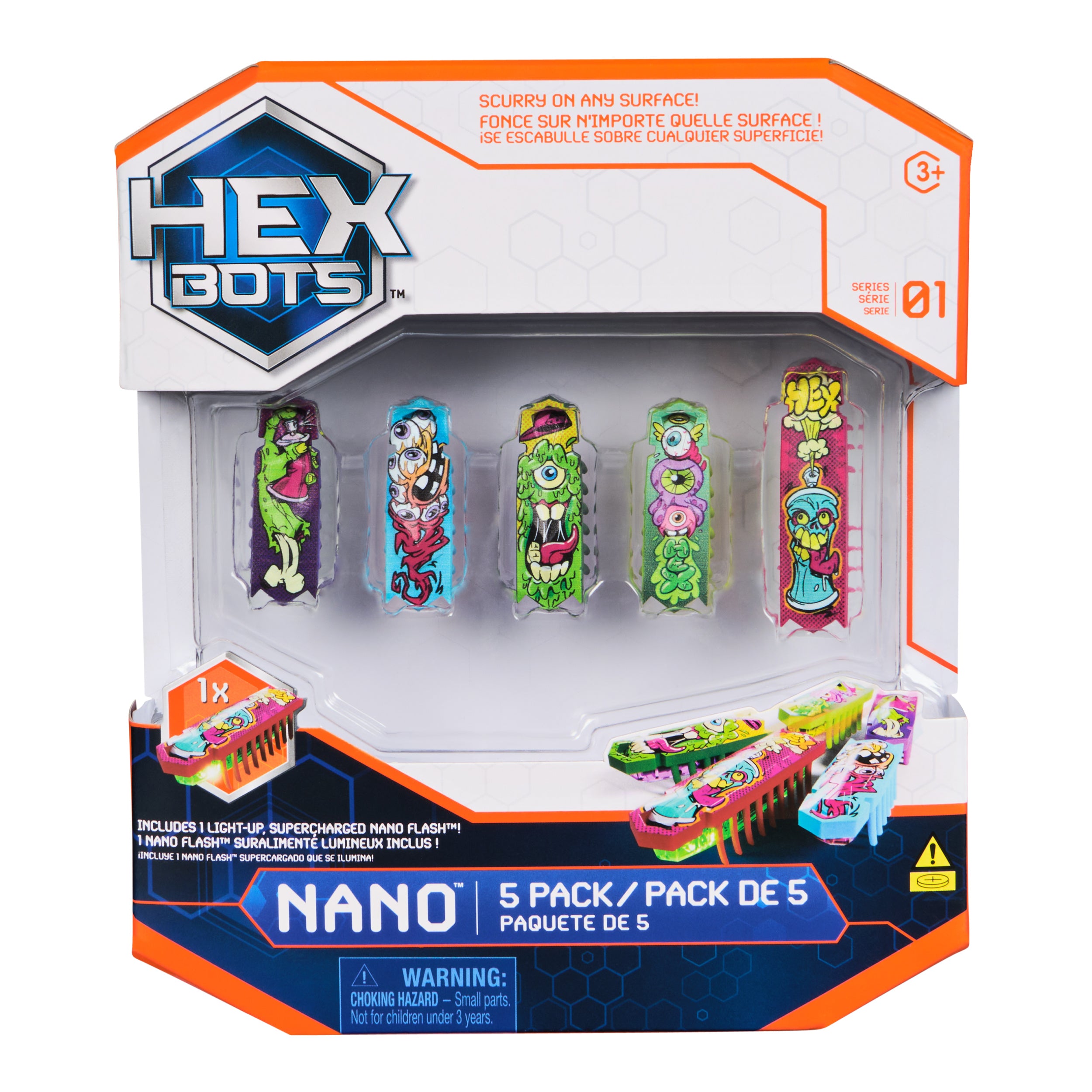 HEX BOTS Nano 5 Pack, 4 Mini Bots with Bonus Flash Bot, Sensory Toy for Kids & Cats, Vibration Technology, Mini Robot Toy for Kids 3 & Up