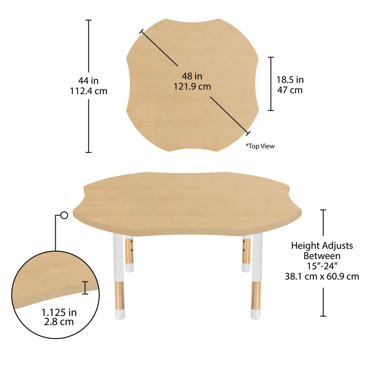 48" x 48" Clover Thermofused Activity Table with Adjustable Chunky Wood Legs - Maple Grain/White/Natural