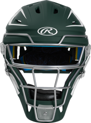 Rawlings Mach Matte 2-Tone Hockey Style Senior Catchers Helmet - Dark Green/White