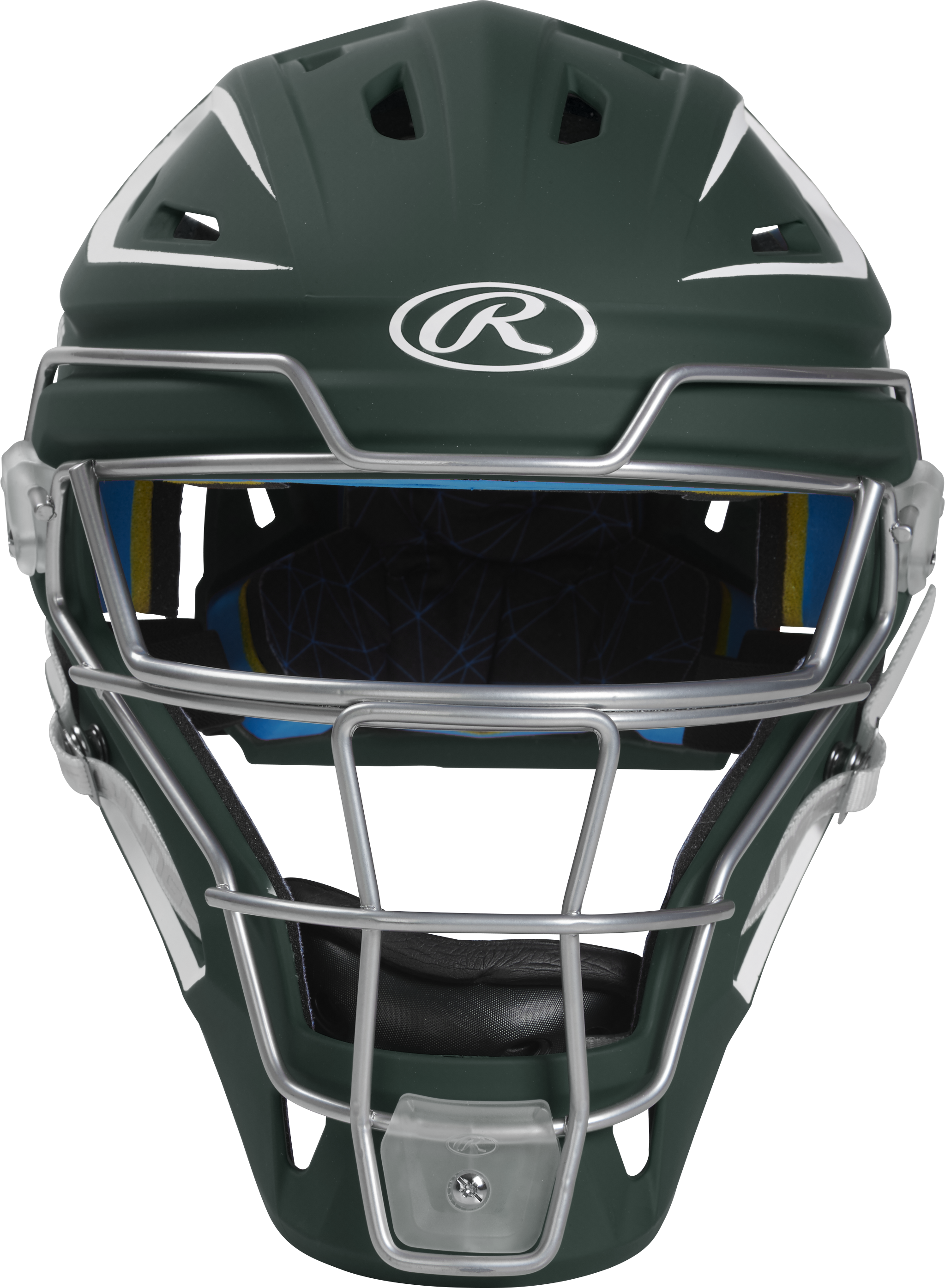 Rawlings Mach Matte 2-Tone Hockey Style Senior Catchers Helmet - Dark Green/White
