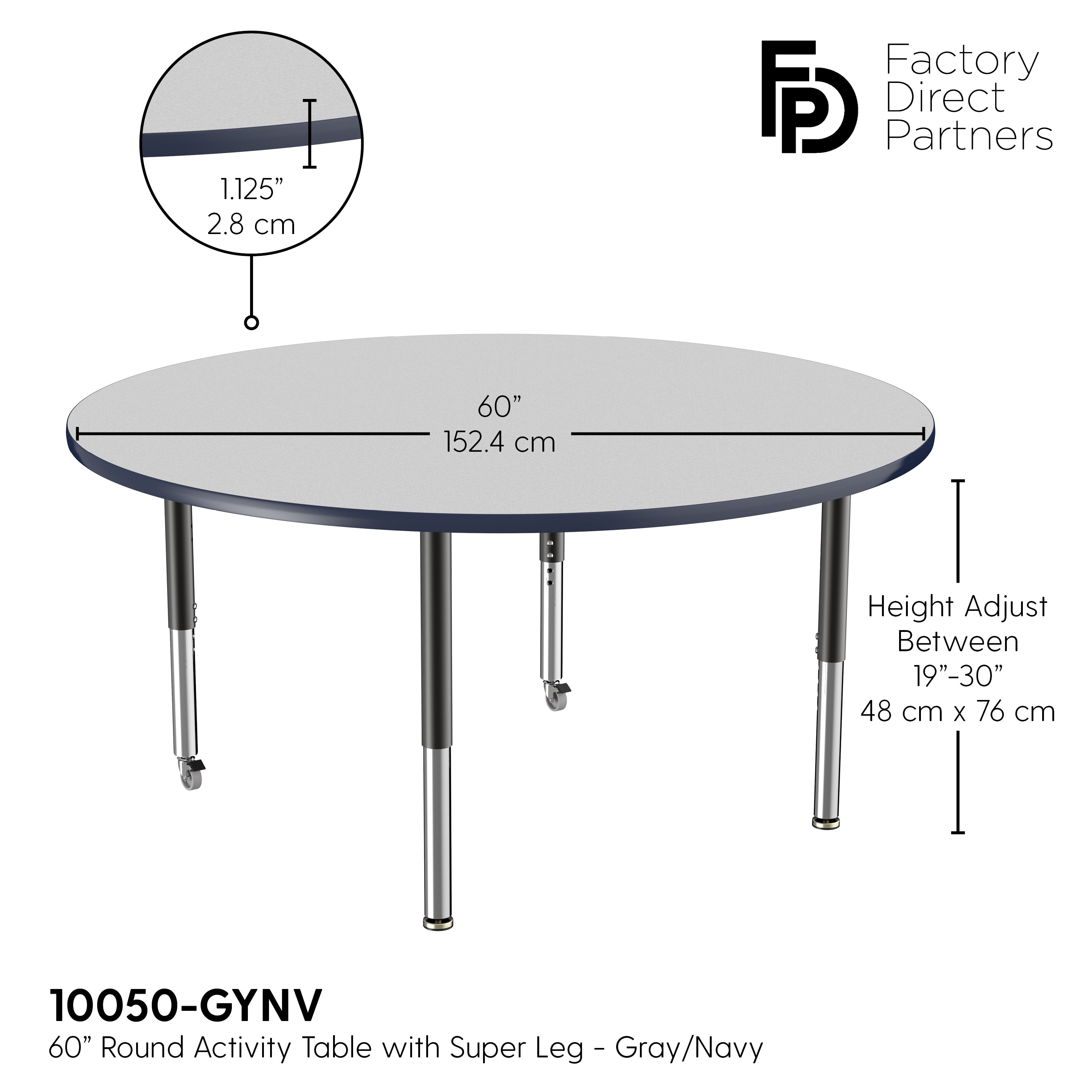 60" Round T-Molding Activity Table with Adjustable Super Legs - Gray/Navy/Black